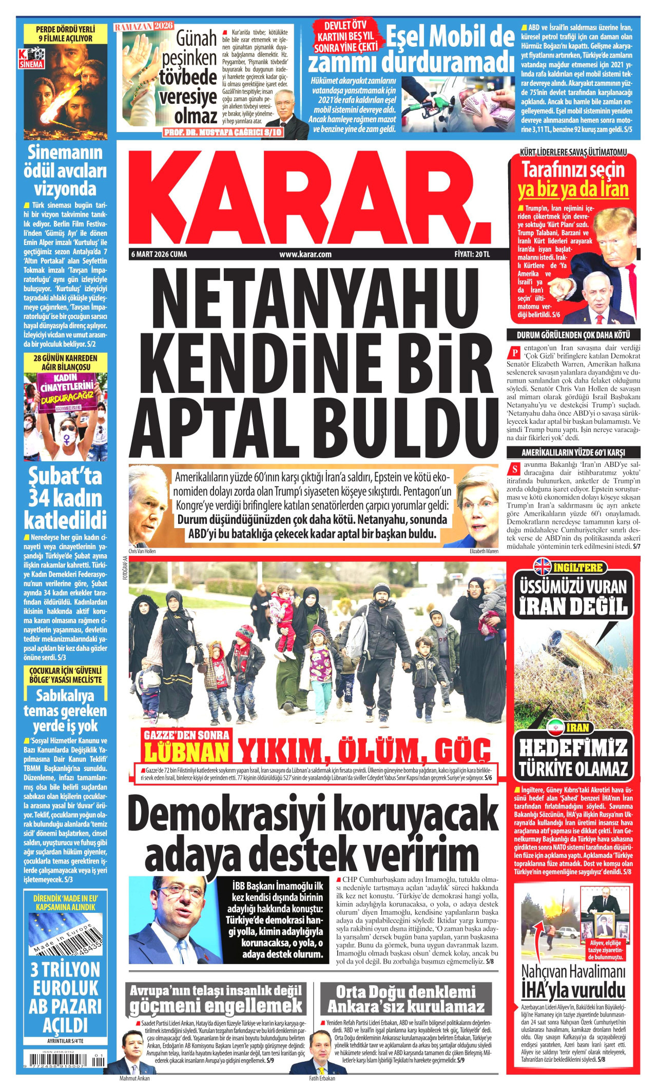 Karar Gazetesi Manşeti - 6 Mart 2026 Birinci Sayfa