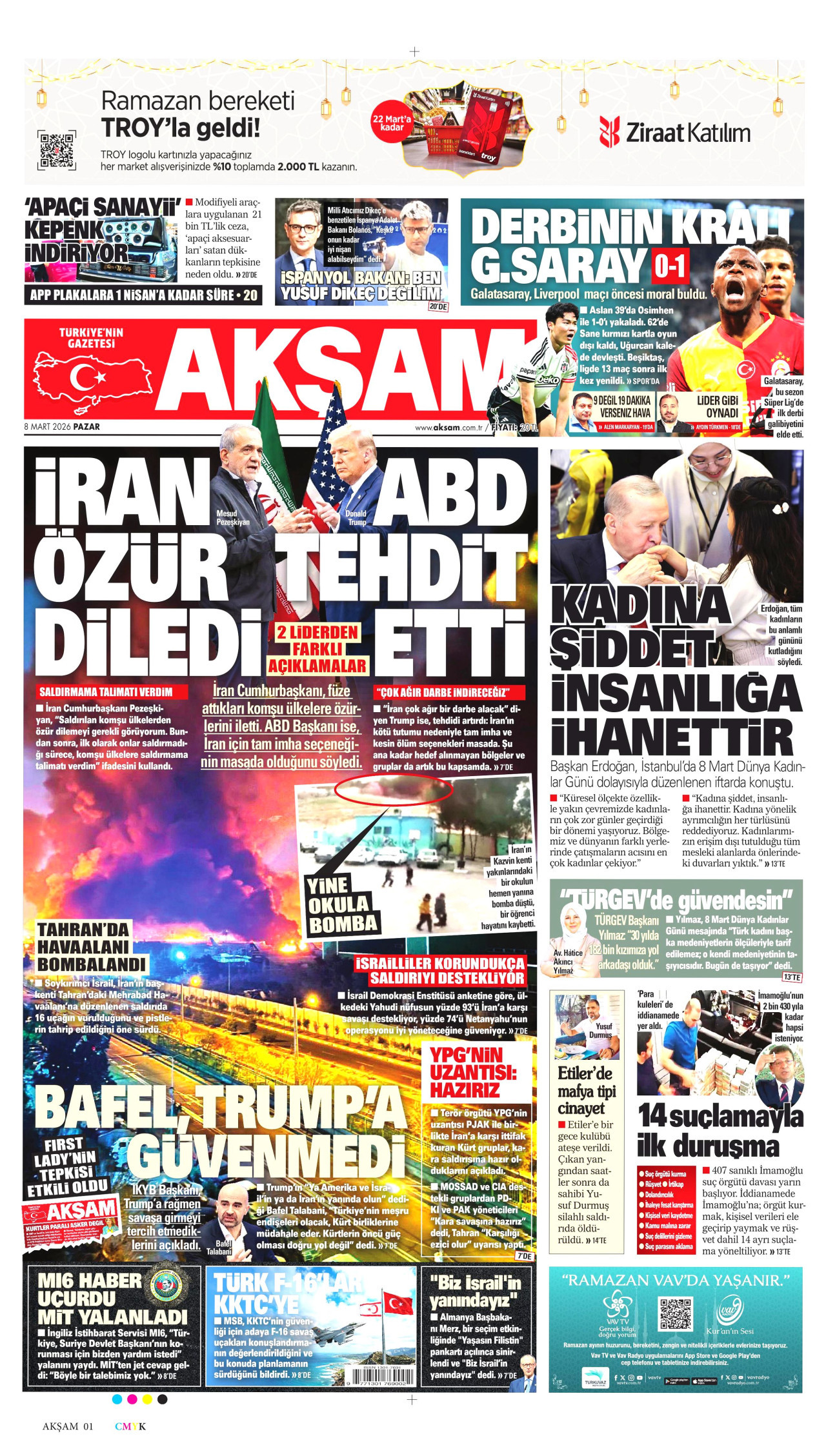 Akşam Gazetesi Manşeti - 8 Mart 2026 Birinci Sayfa