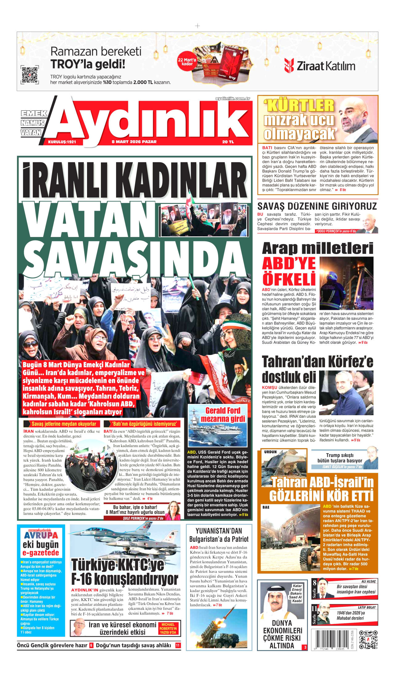 Aydınlık Gazetesi Gazetesi Manşeti - 8 Mart 2026 Birinci Sayfa