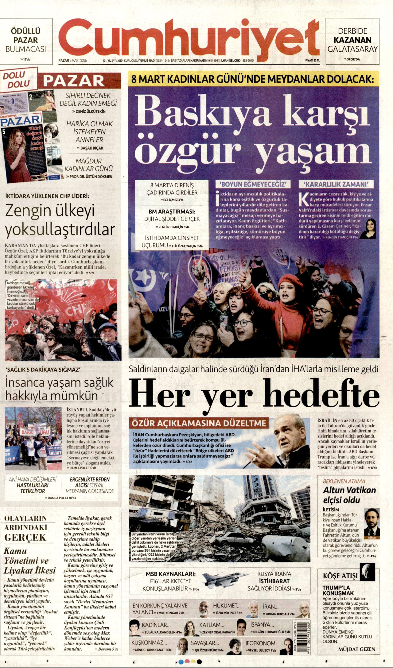 Cumhuriyet Gazetesi Manşeti - 8 Mart 2026 Birinci Sayfa