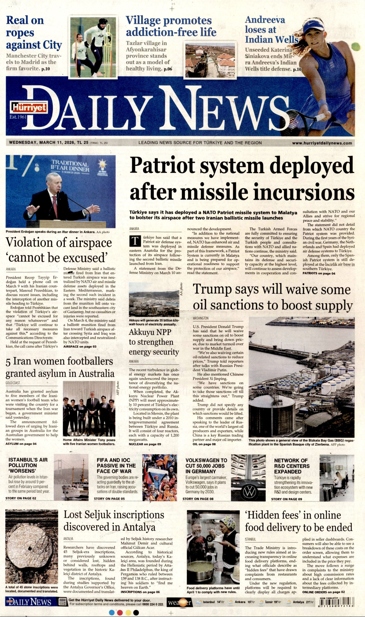 Hürriyet Daily News Gazetesi Manşeti - 11.03.2026