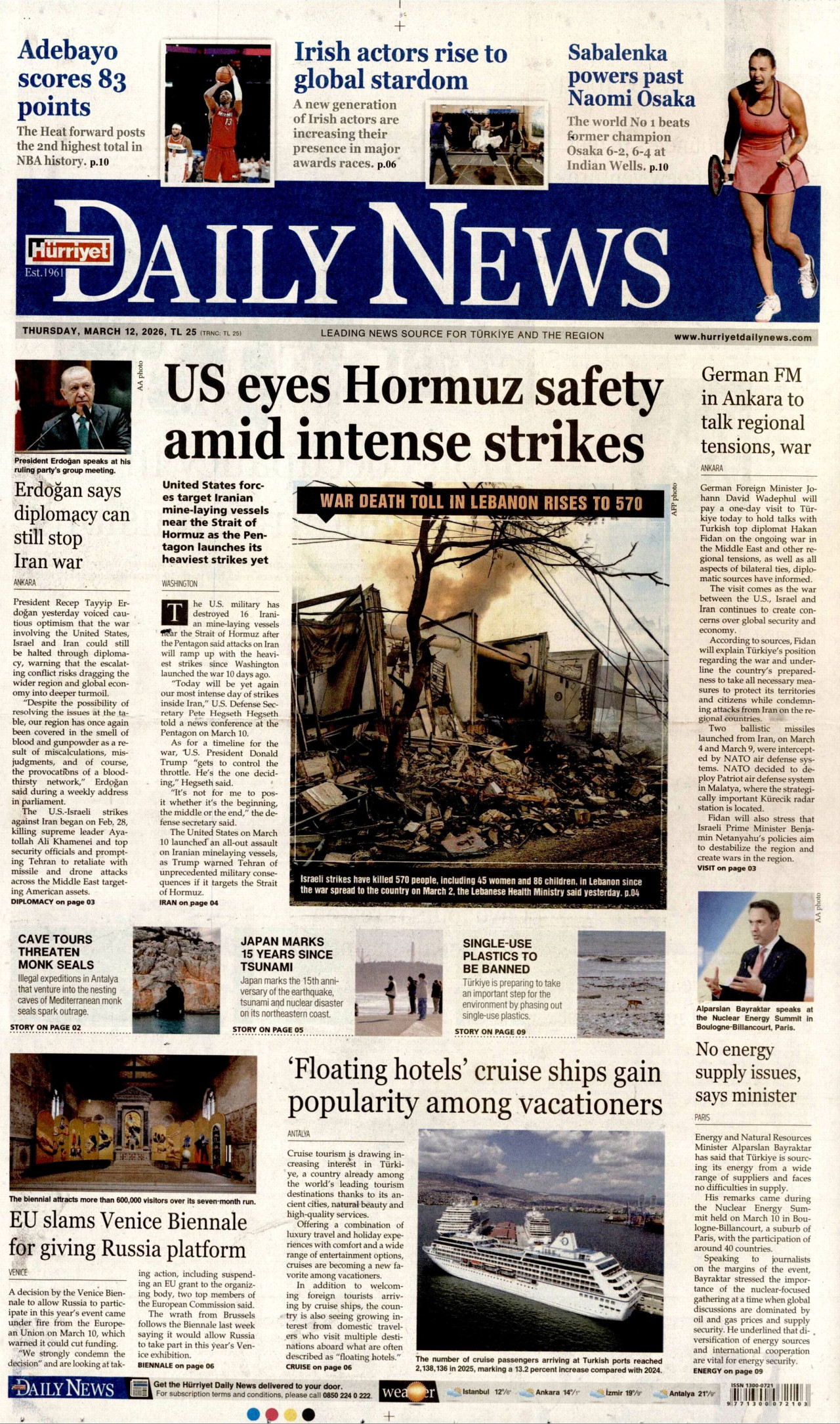 Hürriyet Daily News Gazetesi Manşeti - 12.03.2026