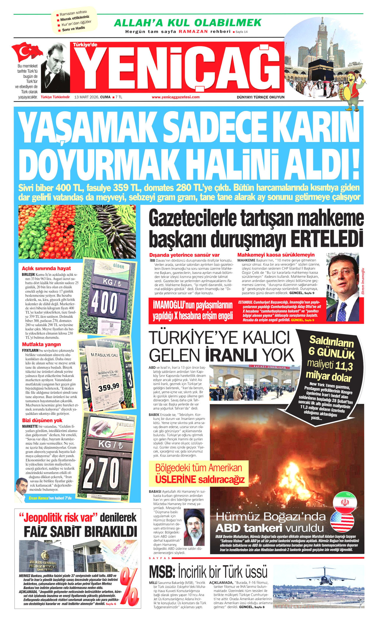 Yeniçağ Gazetesi Manşeti