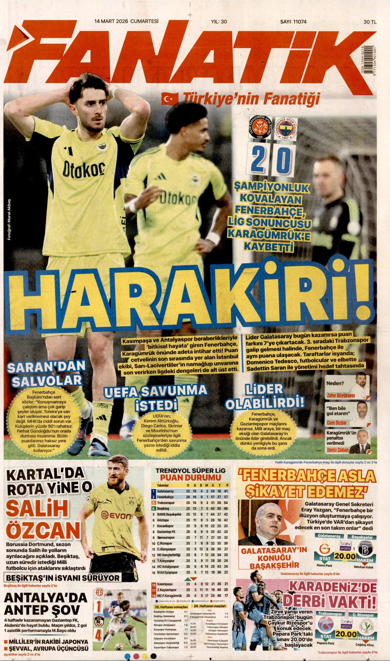 Fanatik Gazetesi Manşeti - 14 Mart 2026 Birinci Sayfa