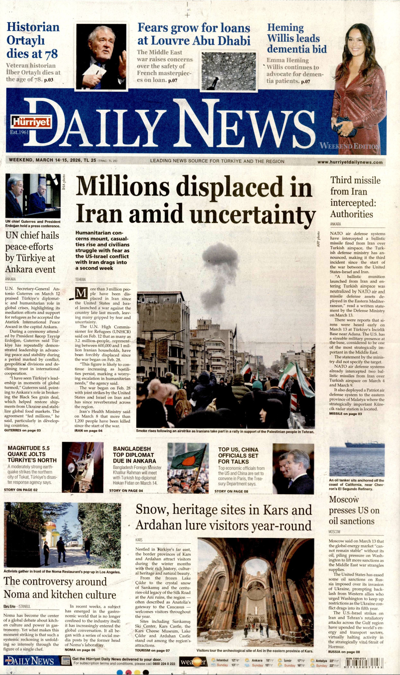 Hürriyet Daily News Gazetesi Manşeti - 14.03.2026