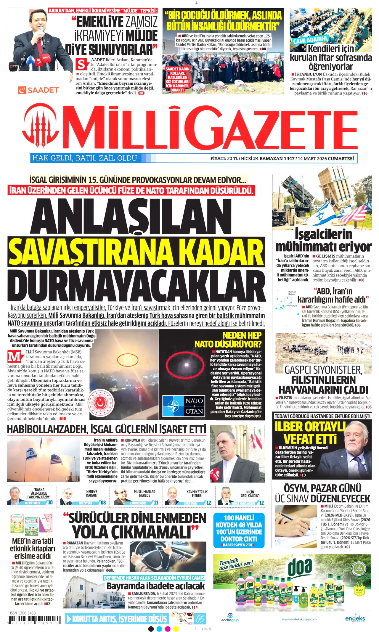 Milli Gazete Gazetesi Manşeti - 14.03.2026