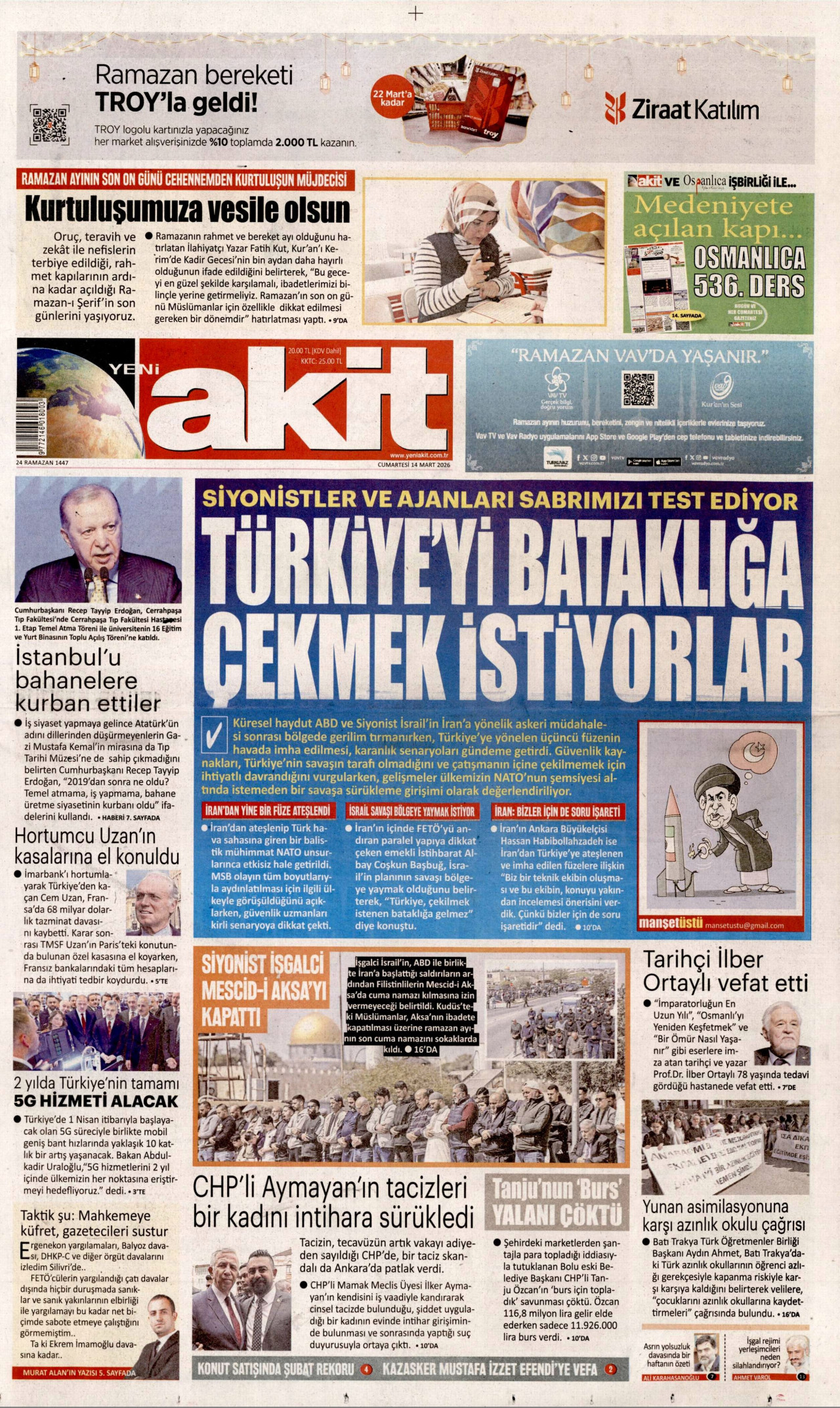 Yeni Akit Gazetesi Manşeti - 14.03.2026