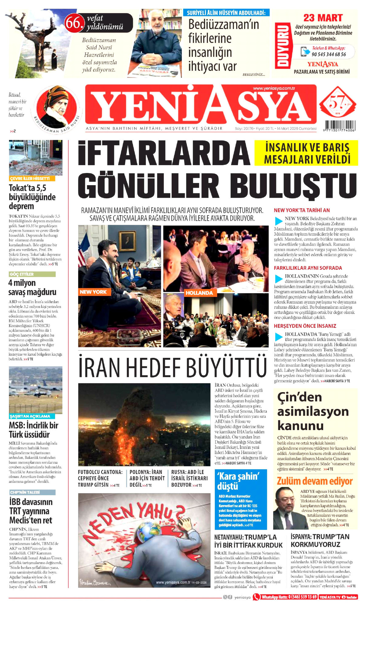 Yeni Asya Gazetesi Manşeti - 14.03.2026