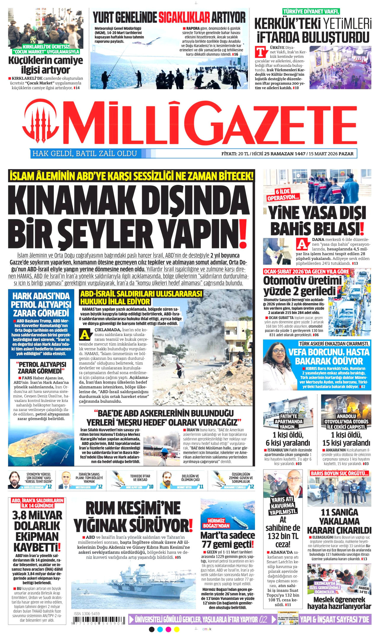 Milli Gazete Gazetesi Manşeti - 15.03.2026
