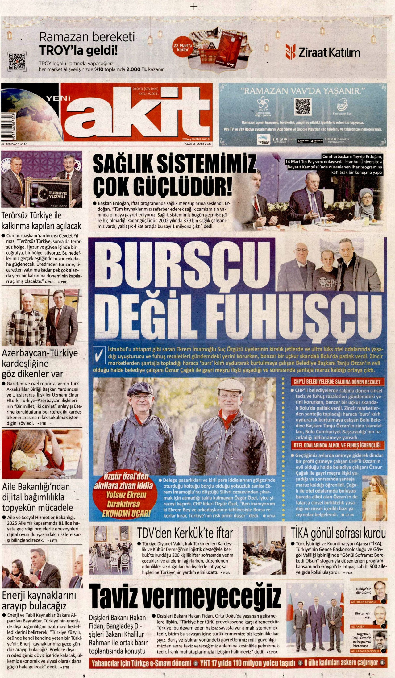 Yeni Akit Gazetesi Manşeti - 15.03.2026