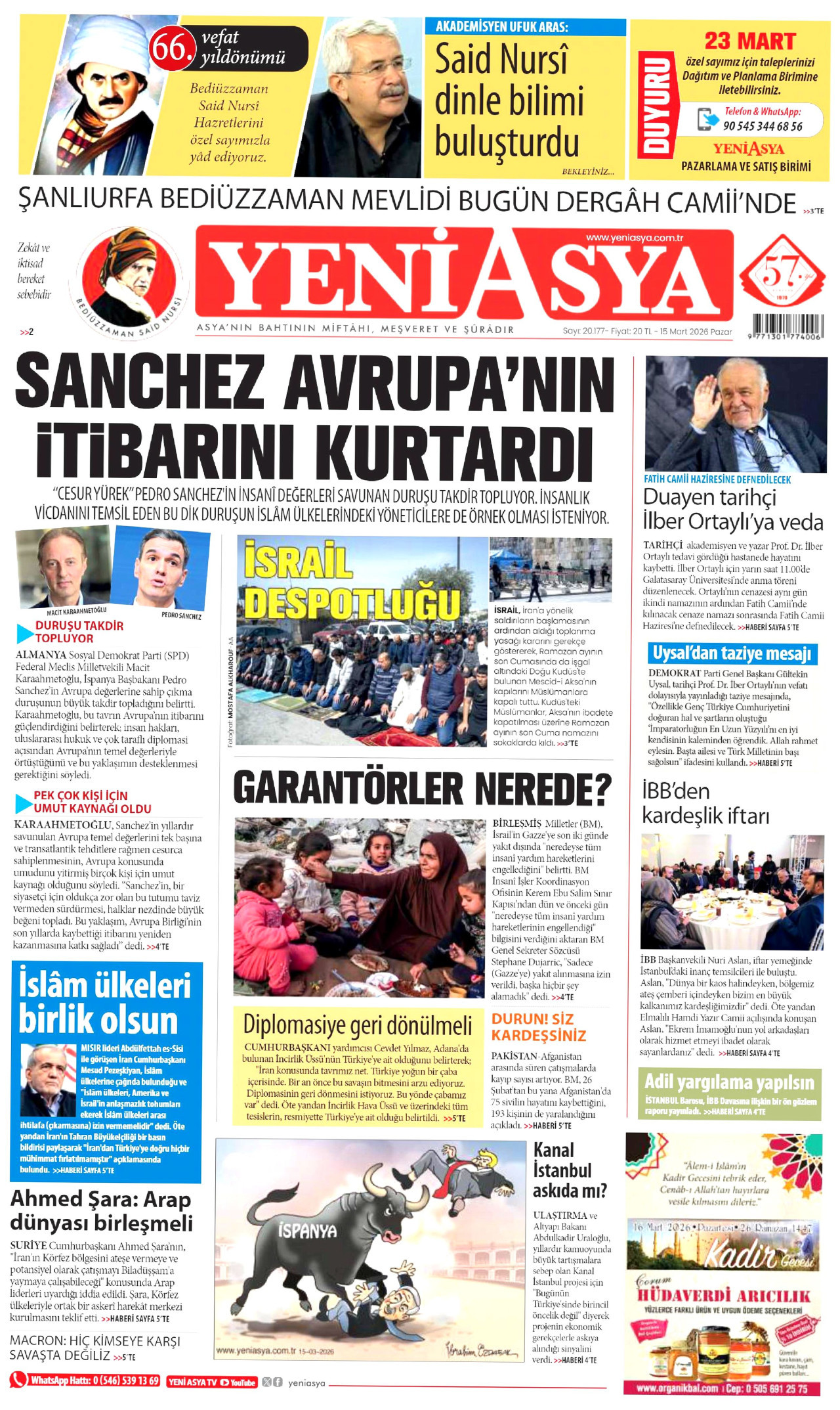 Yeni Asya Gazetesi Manşeti - 15.03.2026