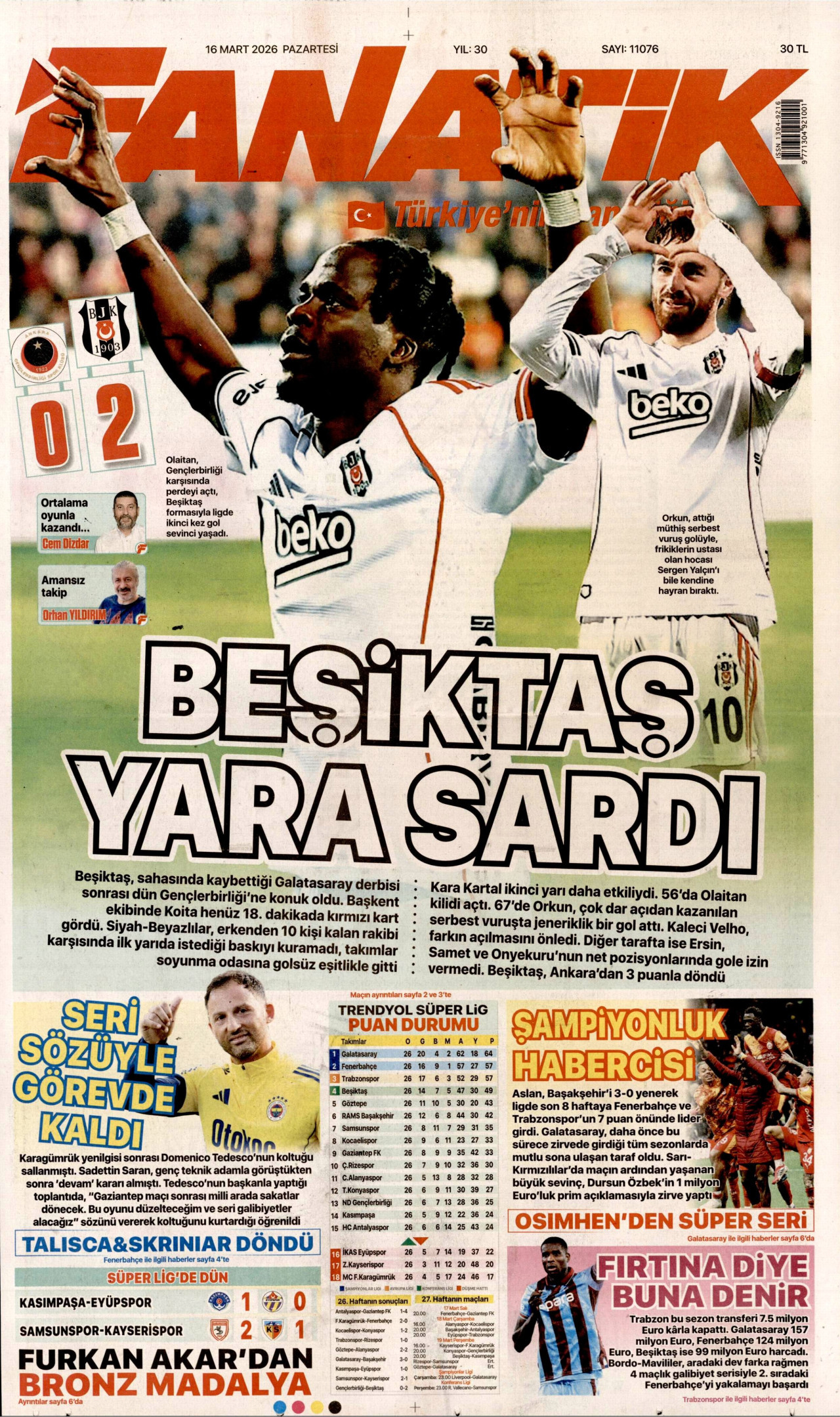 Fanatik Gazetesi Manşeti - 16.03.2026