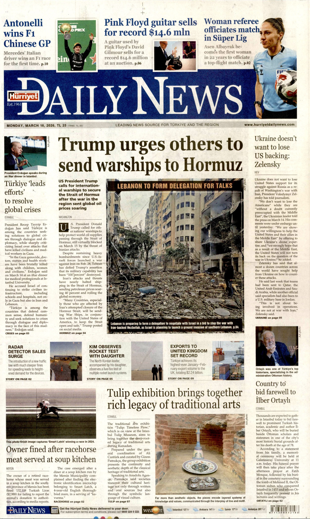 Hürriyet Daily News Gazetesi Manşeti - 16.03.2026