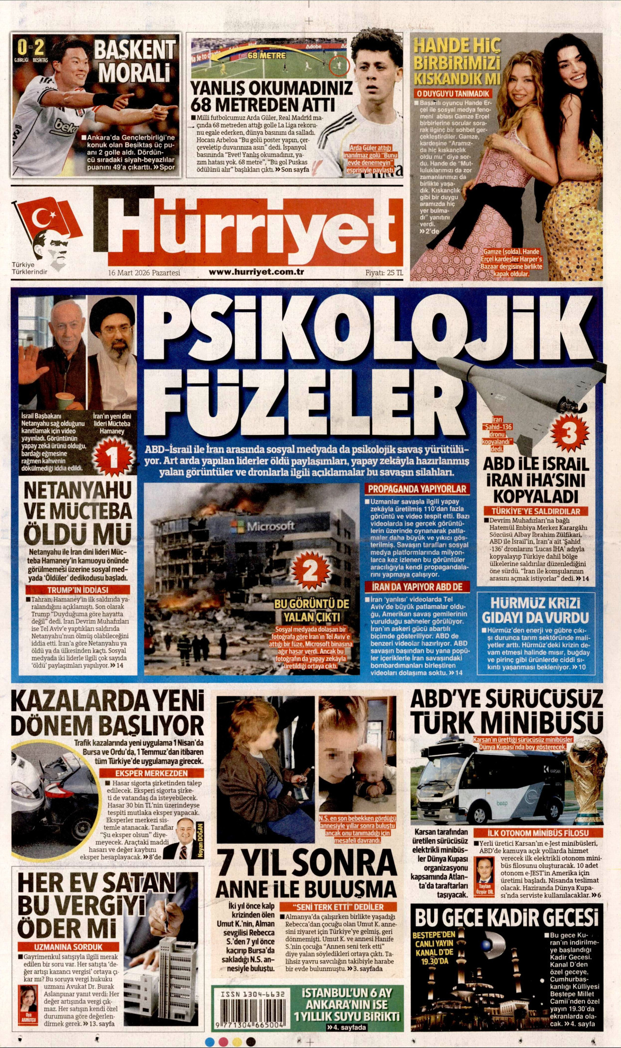 Hürriyet Gazetesi Manşeti - 16.03.2026