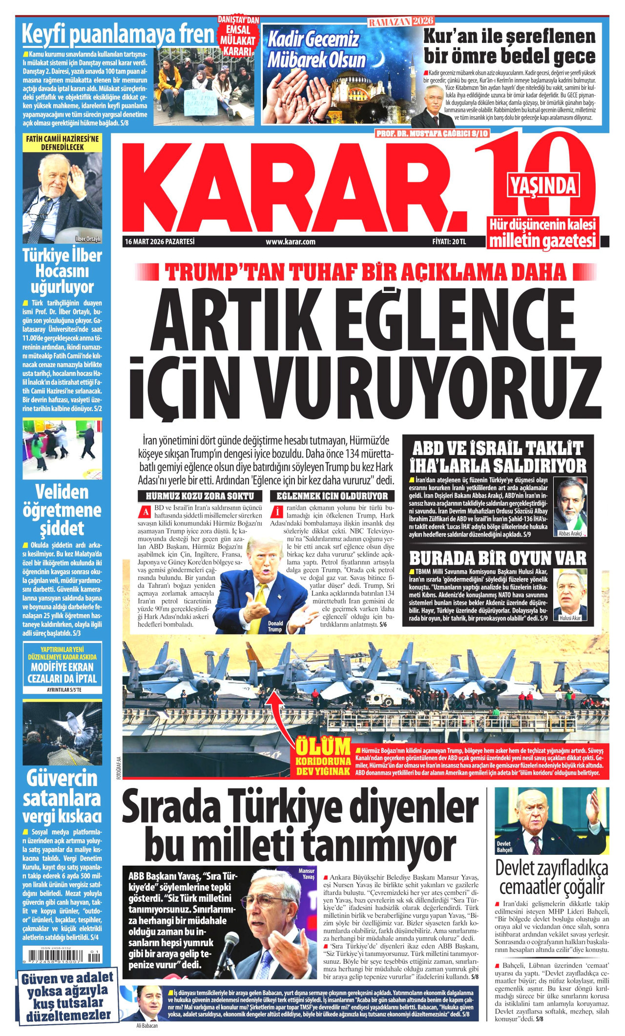 Karar Gazetesi Manşeti - 16.03.2026