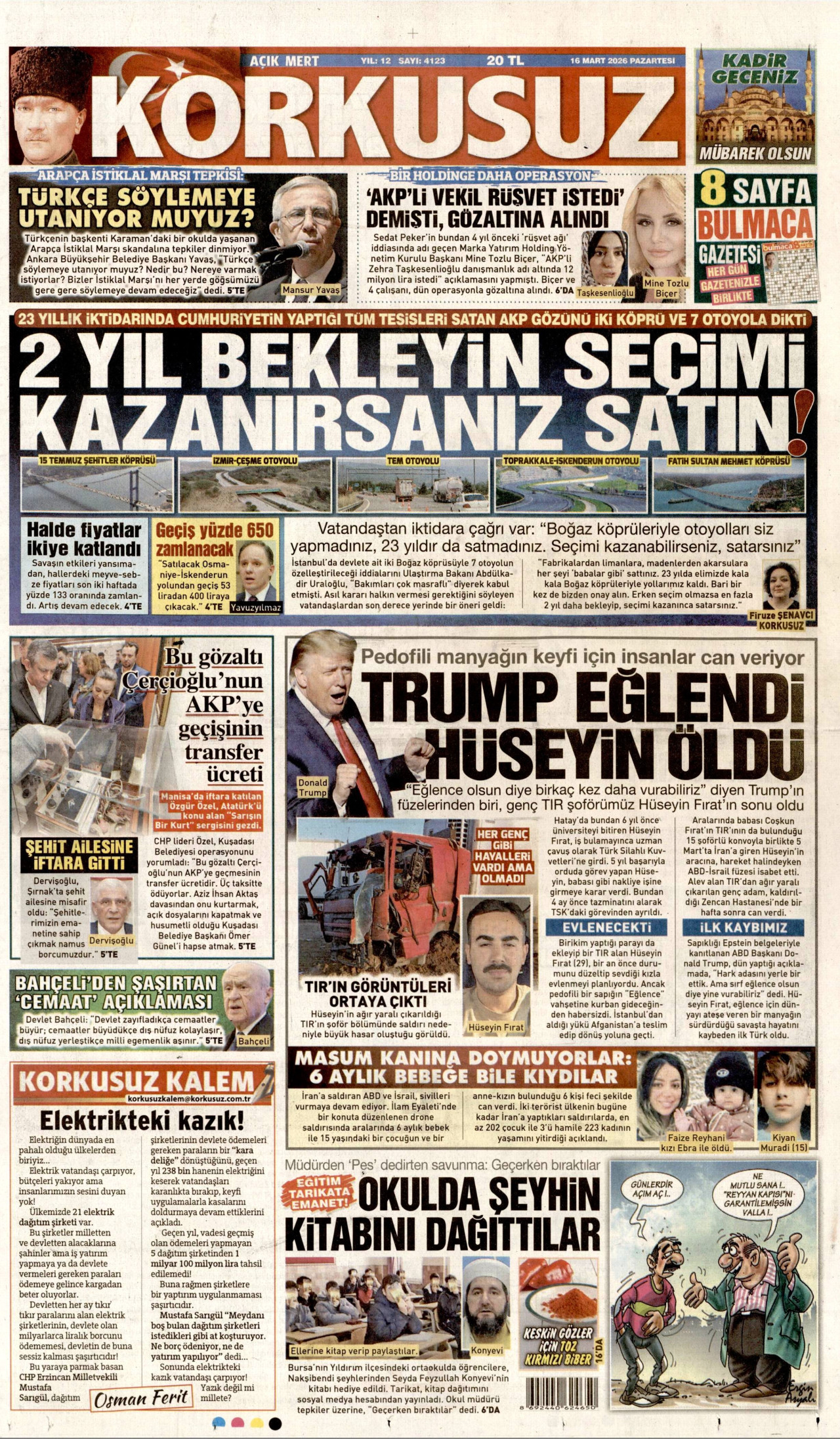 Korkusuz Gazetesi Manşeti - 16.03.2026