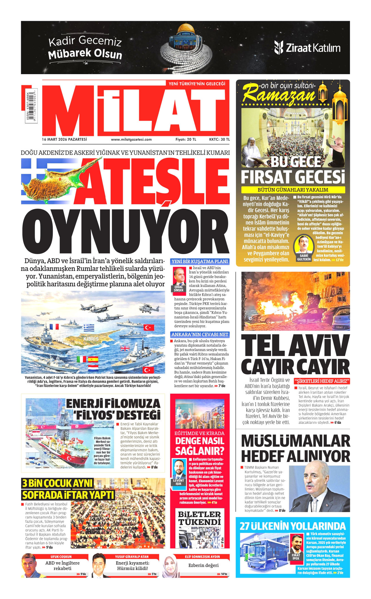 Milat Gazetesi Manşeti - 16.03.2026