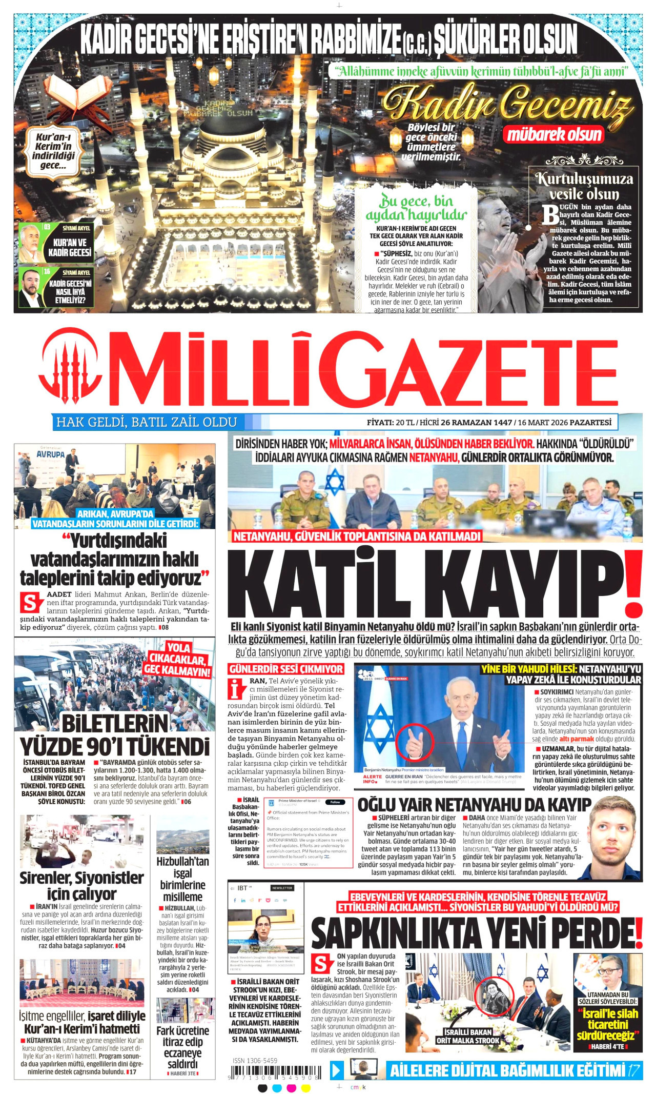Milli Gazete Gazetesi Manşeti - 16.03.2026