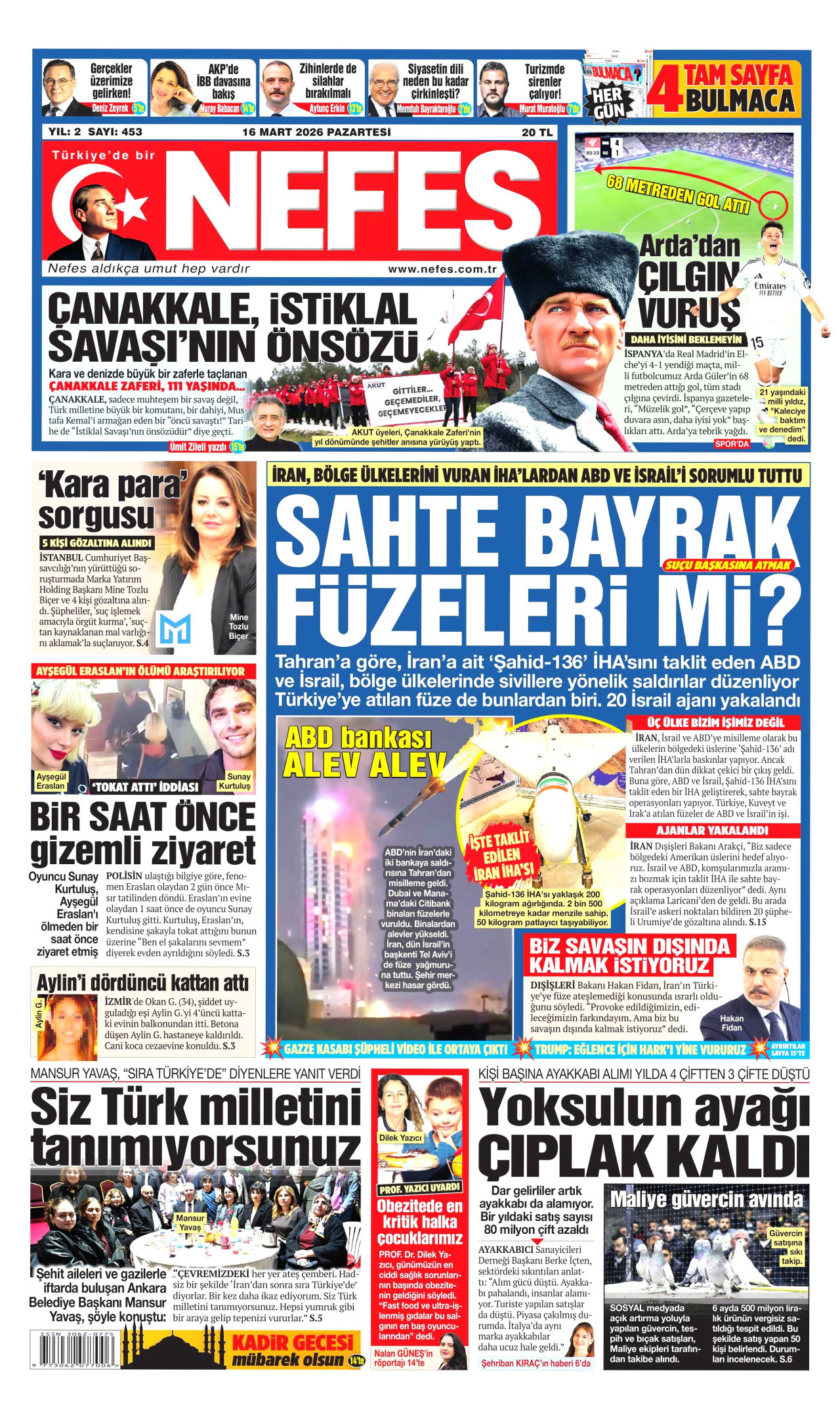 Nefes Gazetesi Manşeti - 16.03.2026