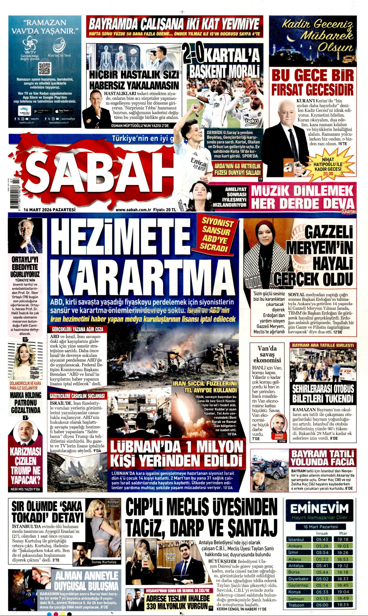 Sabah Gazetesi Manşeti - 16.03.2026
