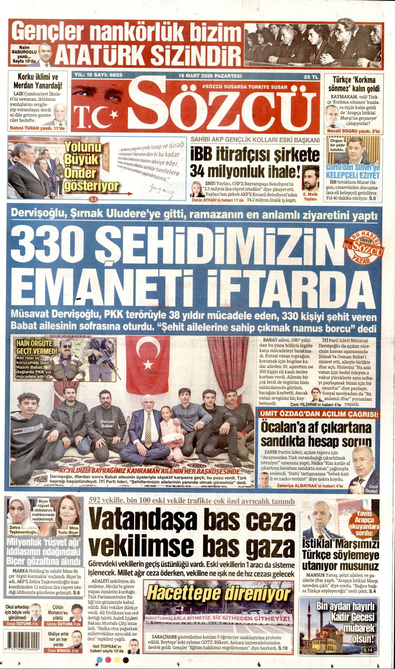 Sözcü Gazetesi Manşeti - 16.03.2026