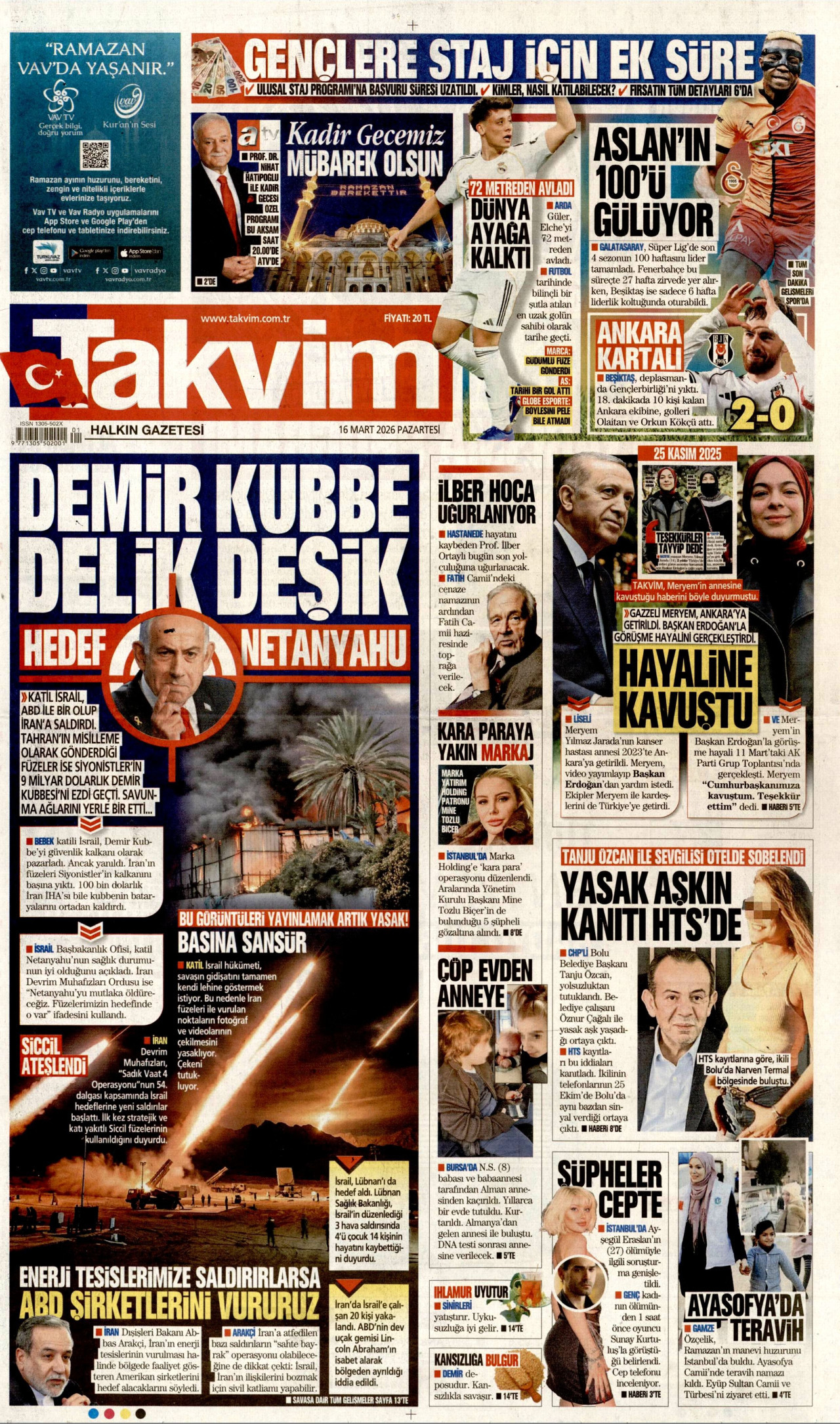 Takvim Gazetesi Manşeti - 16.03.2026