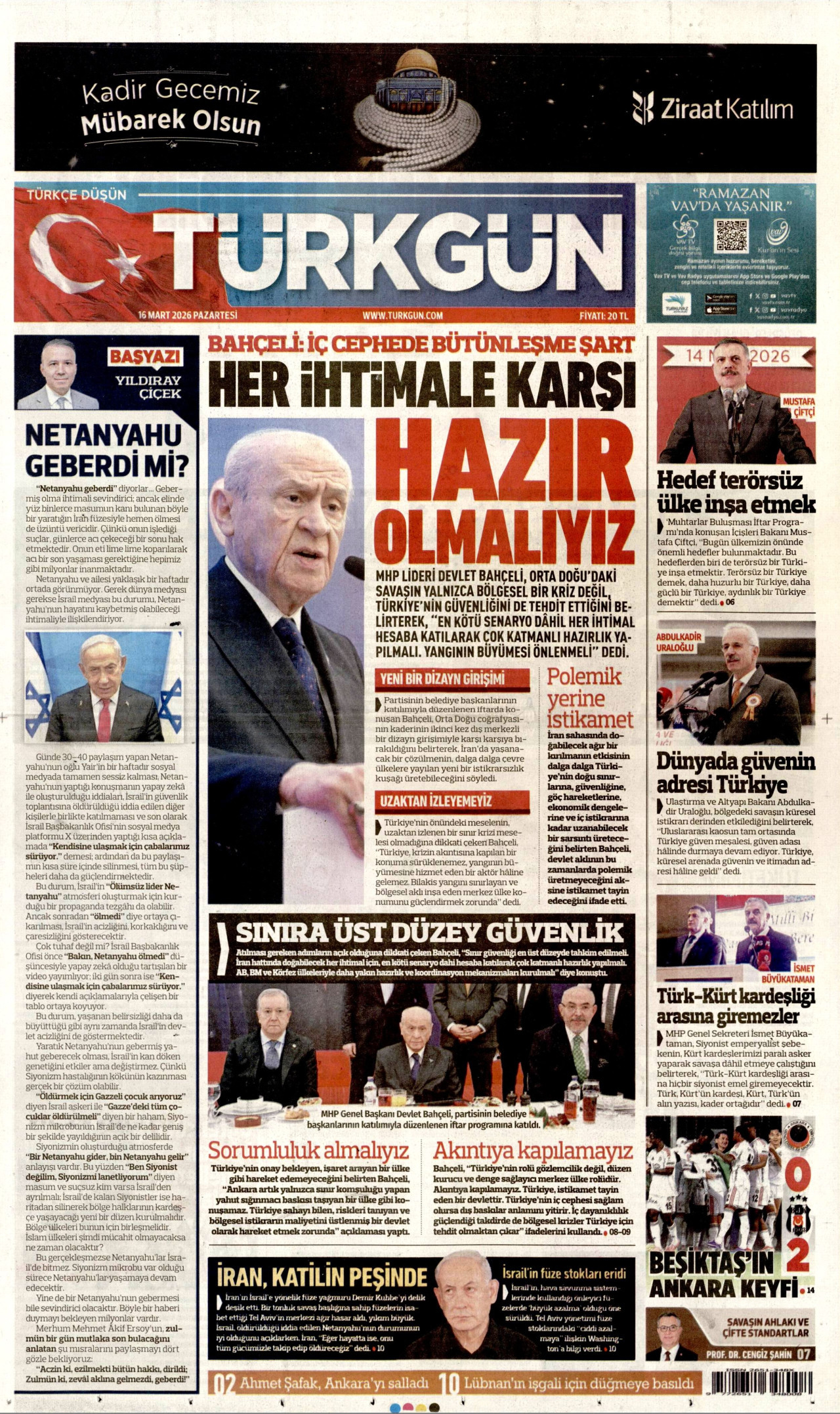 Türkgün Gazetesi Manşeti - 16.03.2026