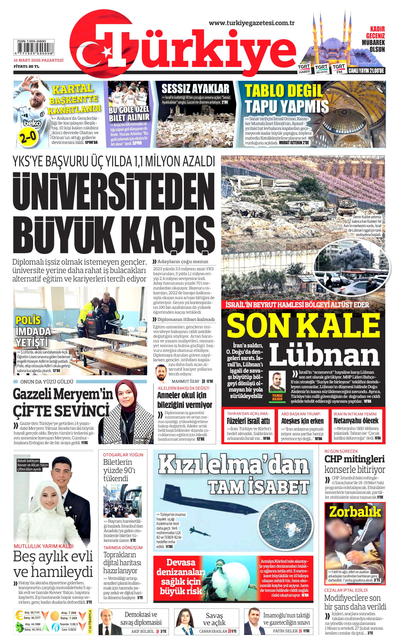 Türkiye Gazetesi Gazetesi Manşeti - 16.03.2026