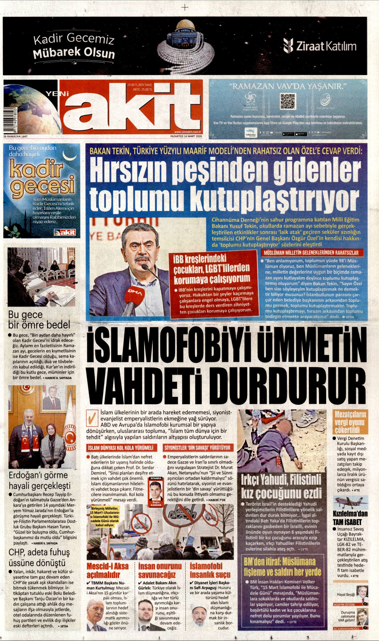 Yeni Akit Gazetesi Manşeti - 16.03.2026