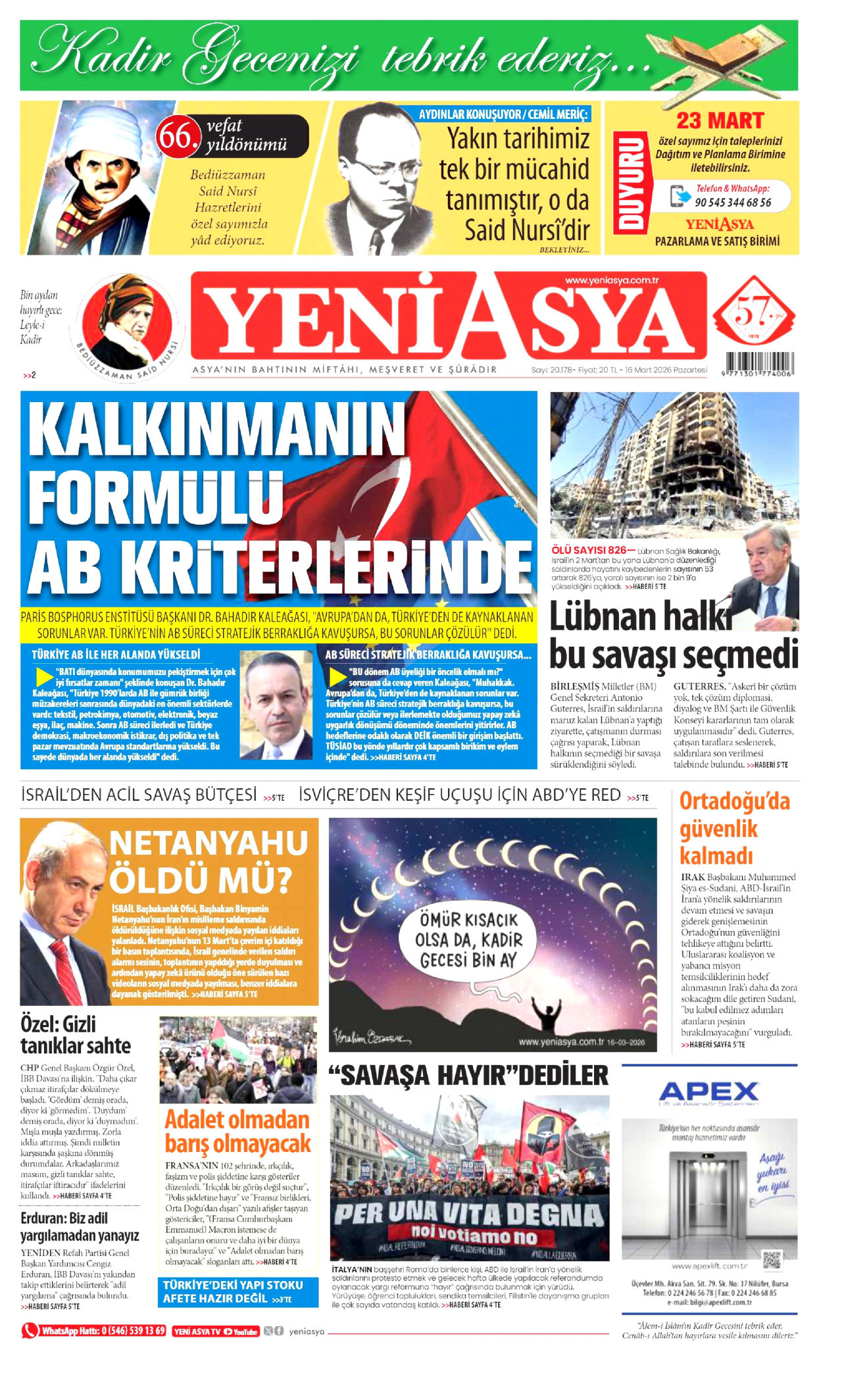 Yeni Asya Gazetesi Manşeti - 16.03.2026
