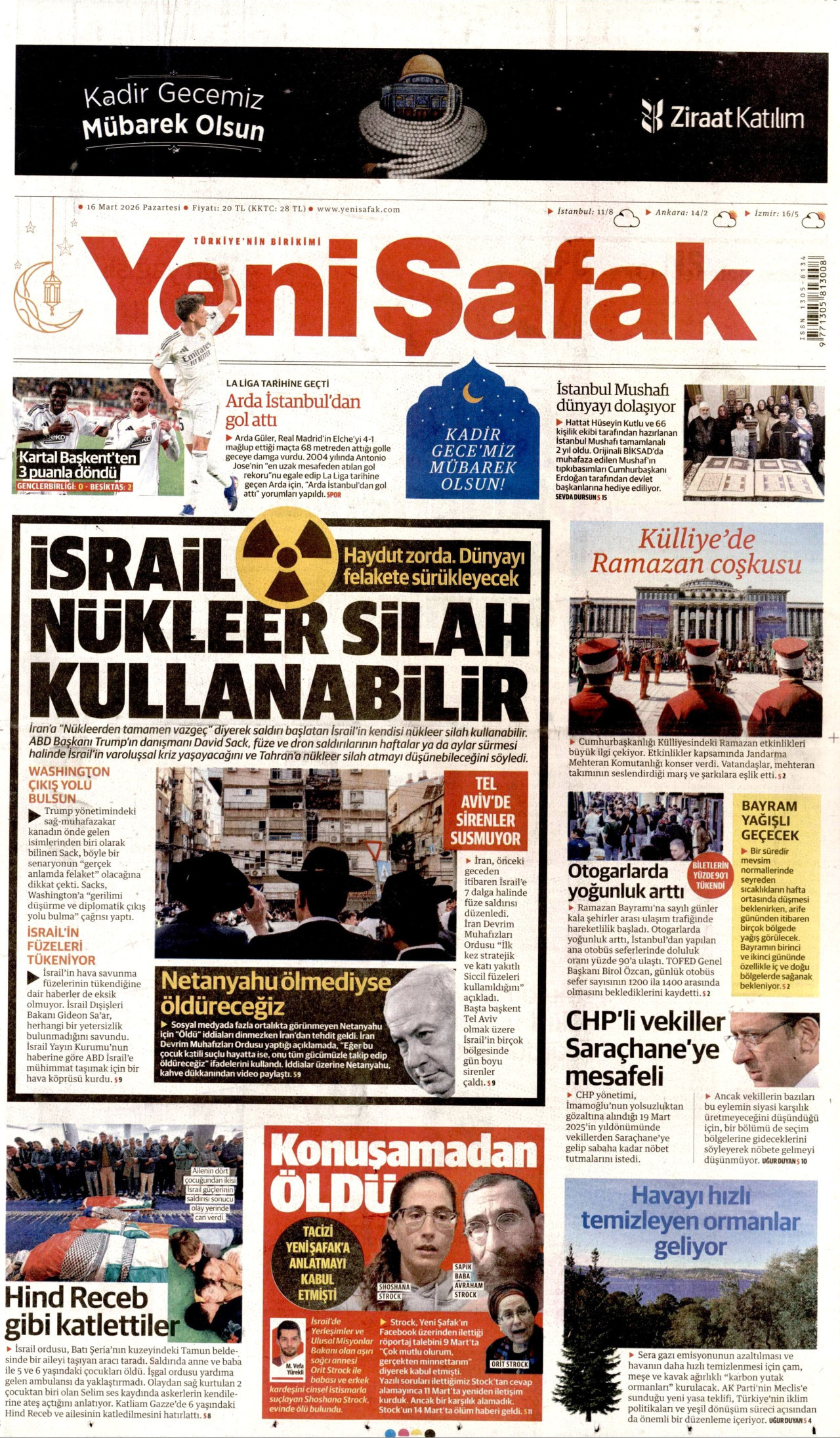 Yeni Şafak Gazetesi Manşeti - 16.03.2026