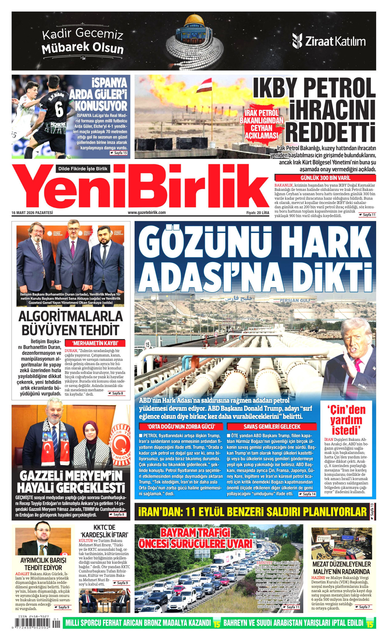 YeniBirlik Gazetesi Manşeti - 16.03.2026
