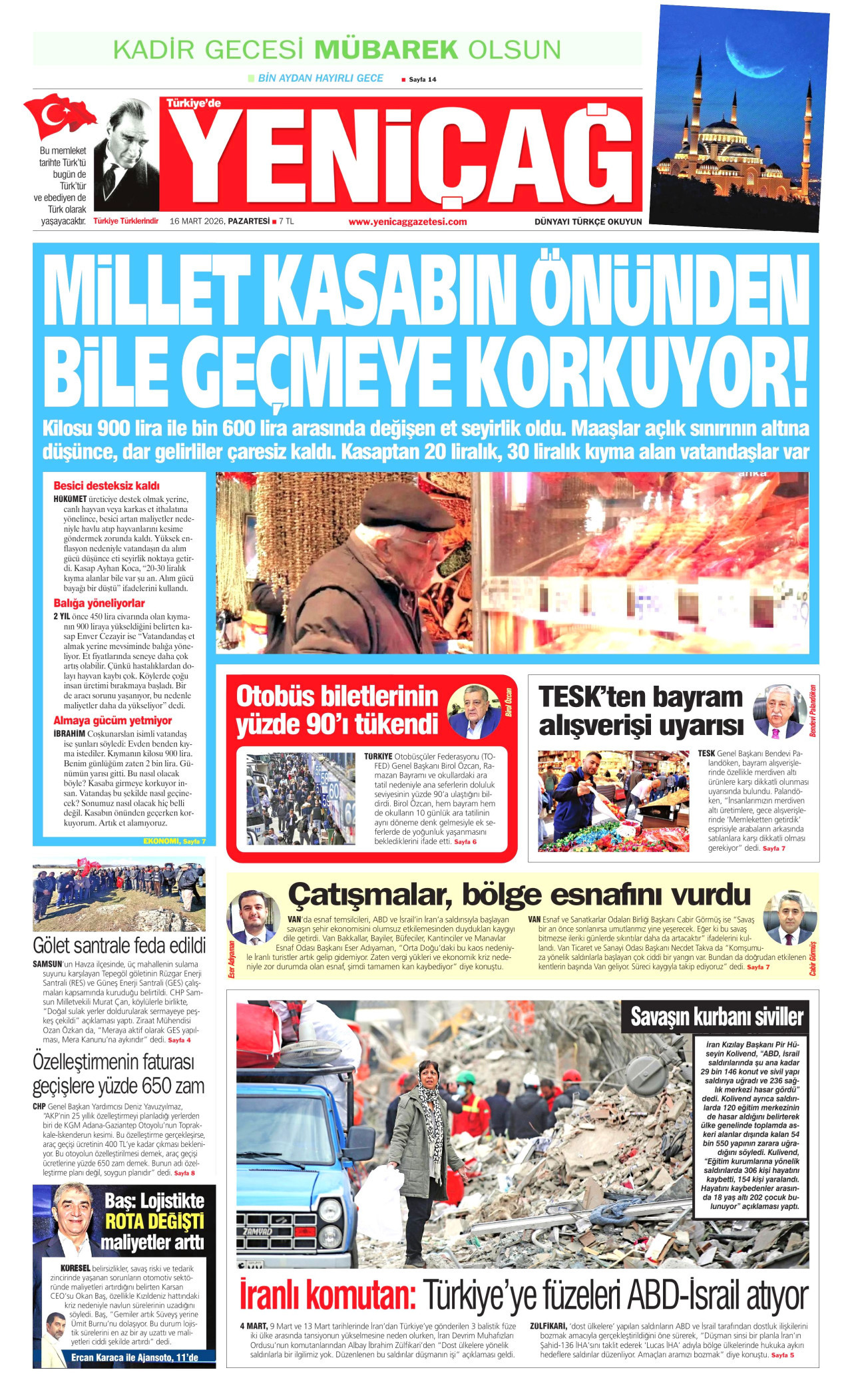 Yeniçağ Gazetesi Manşeti - 16.03.2026
