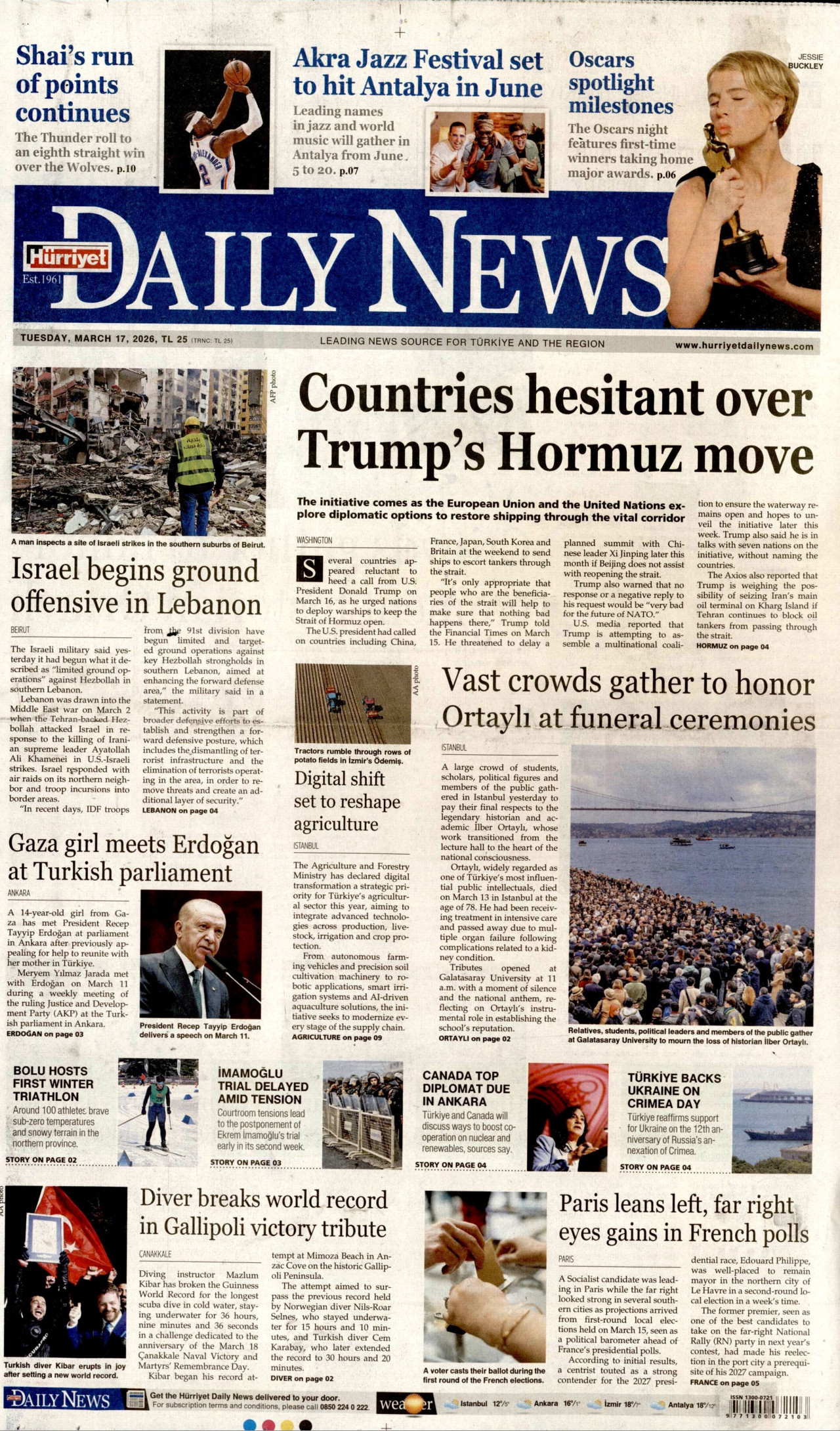 Hürriyet Daily News Gazetesi Manşeti - 17.03.2026