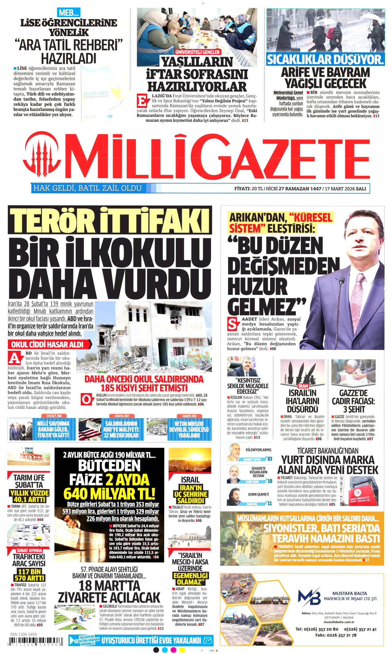 Milli Gazete Gazetesi Manşeti - 17.03.2026