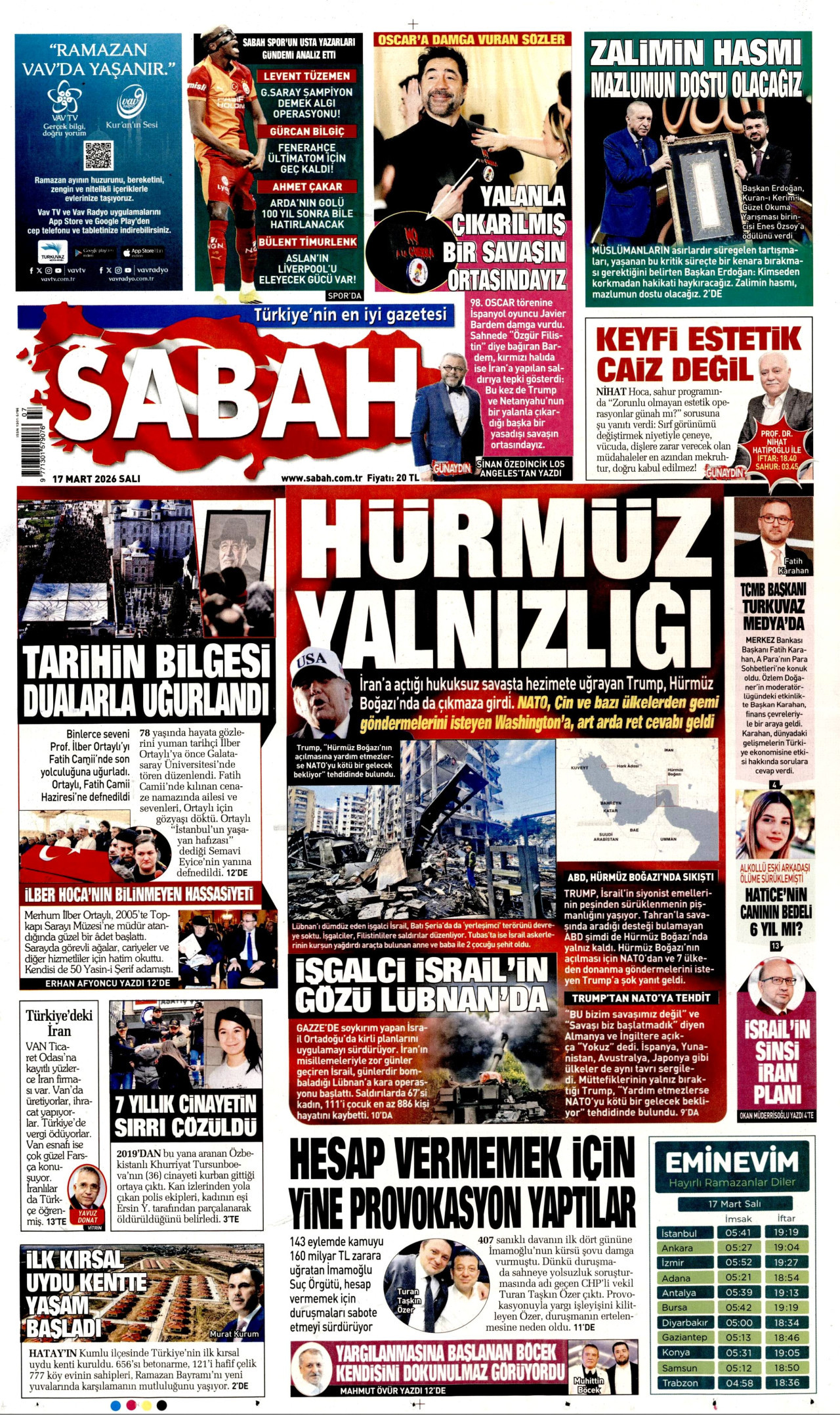 Sabah Gazetesi Manşeti - 17.03.2026