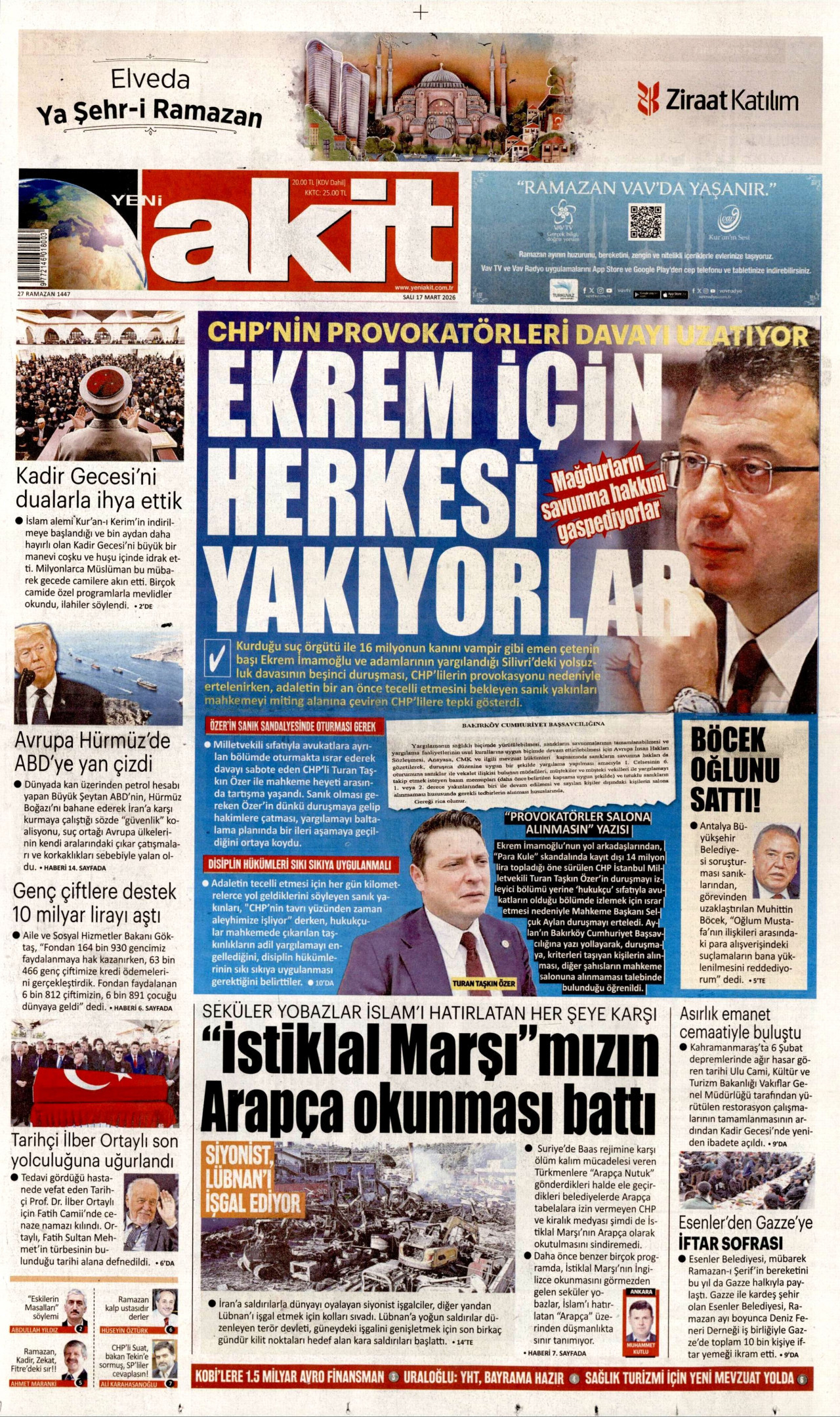 Yeni Akit Gazetesi Manşeti - 17.03.2026