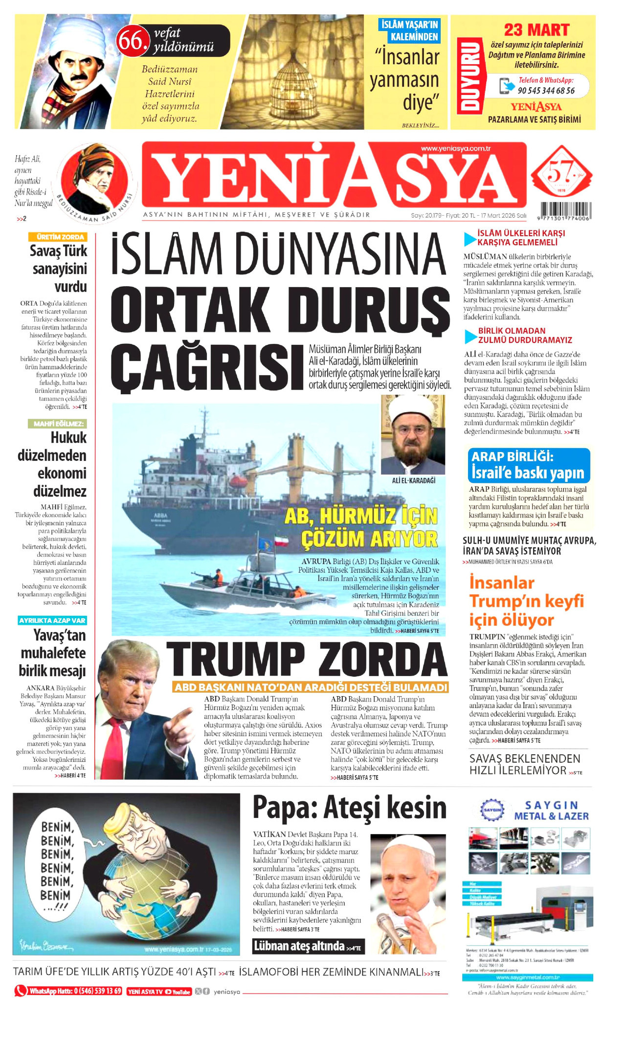Yeni Asya Gazetesi Manşeti - 17.03.2026