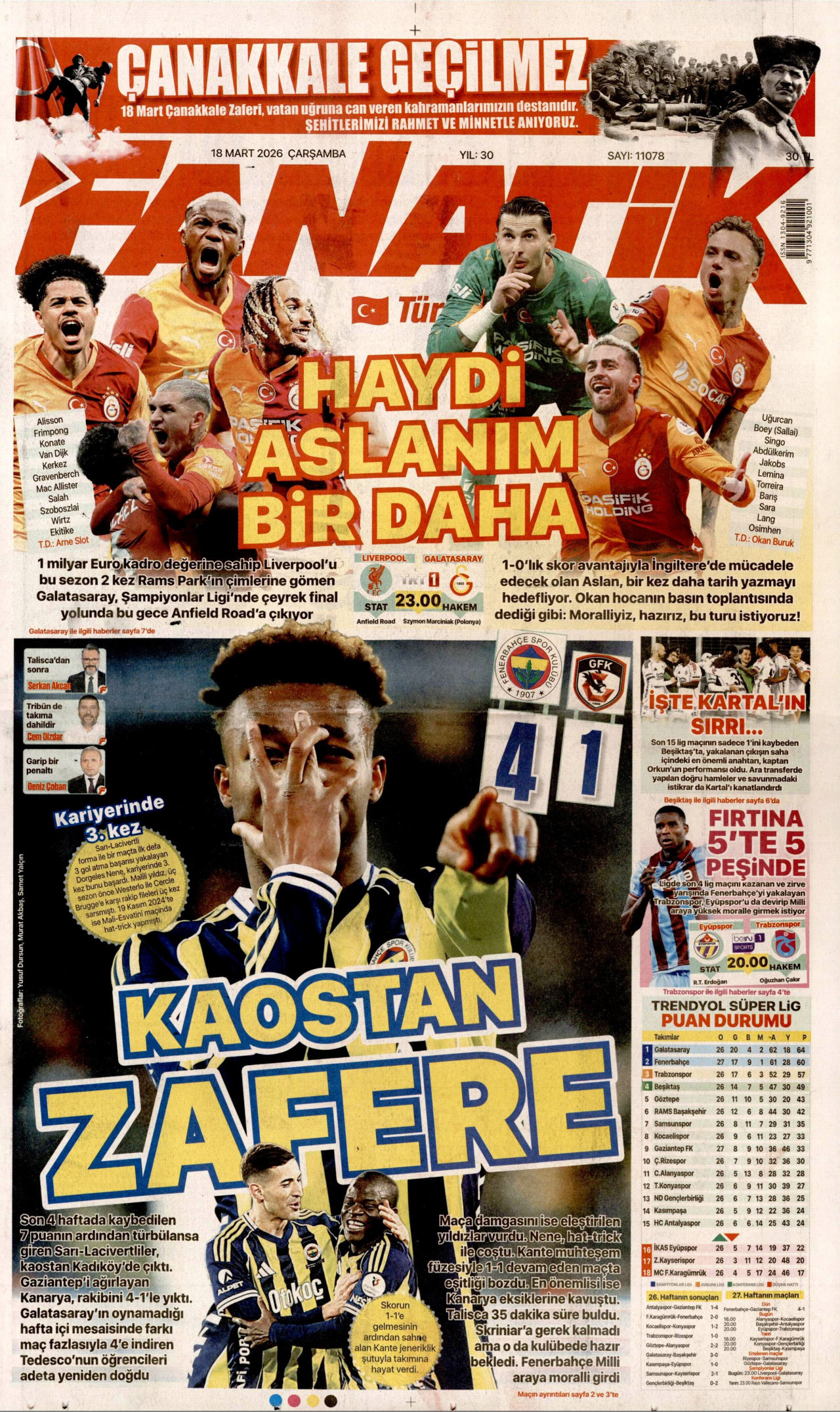 Fanatik Gazetesi Manşeti - 18.03.2026