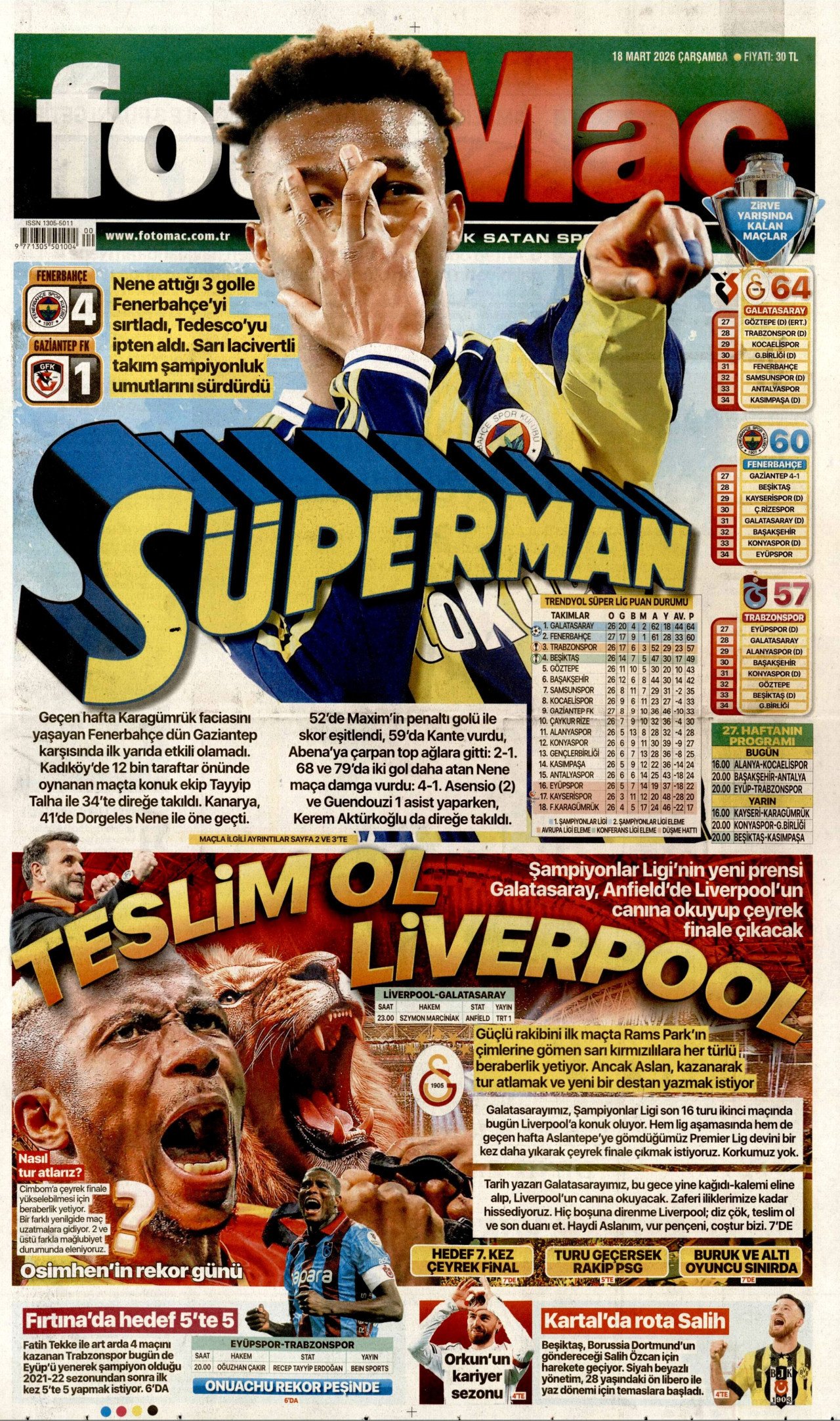 Fotomaç Gazetesi Manşeti - 18.03.2026