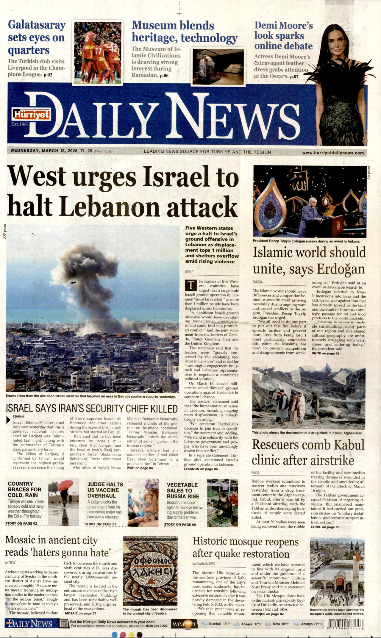 Hürriyet Daily News Gazetesi Manşeti - 18.03.2026