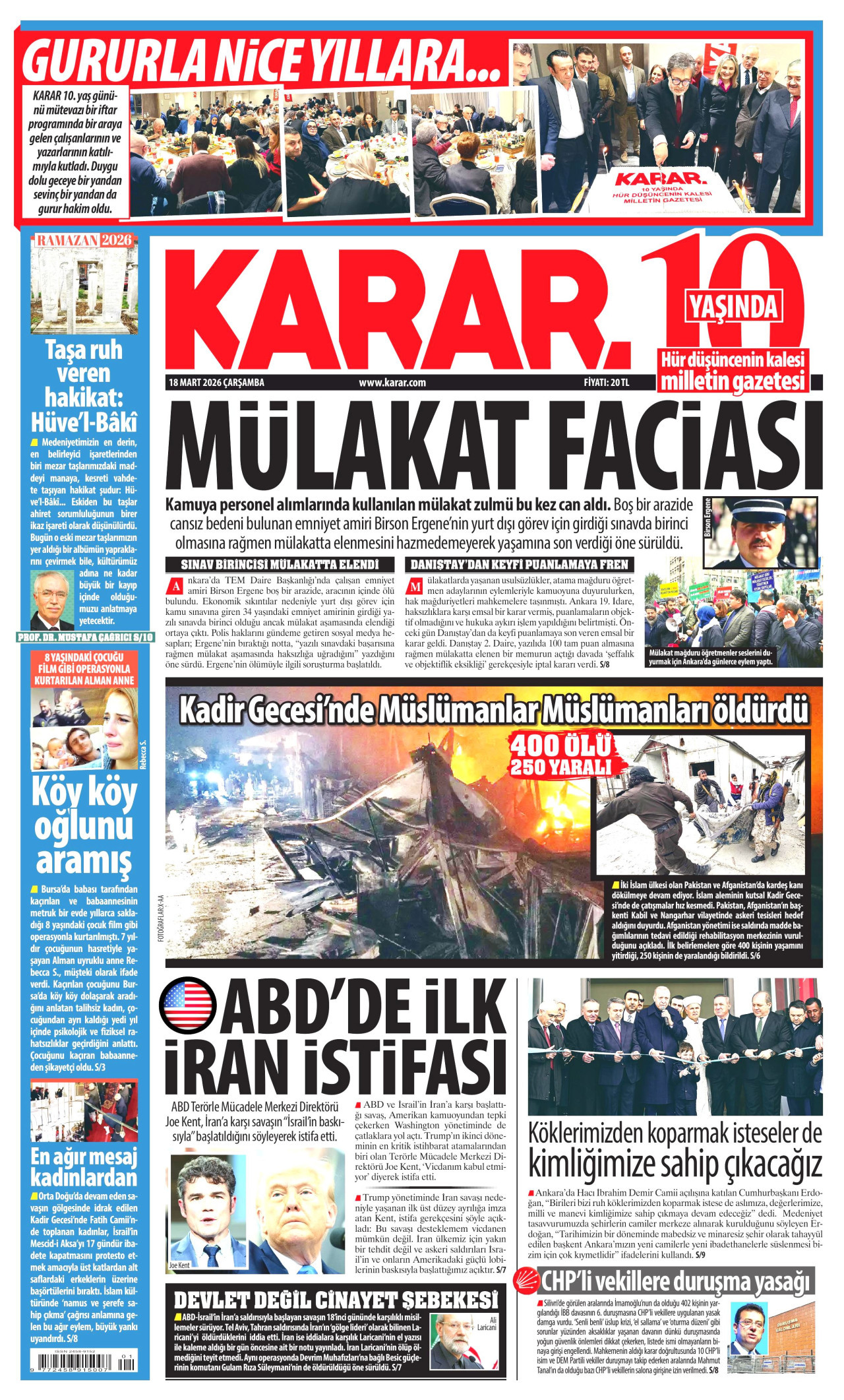 Karar Gazetesi Manşeti - 18.03.2026