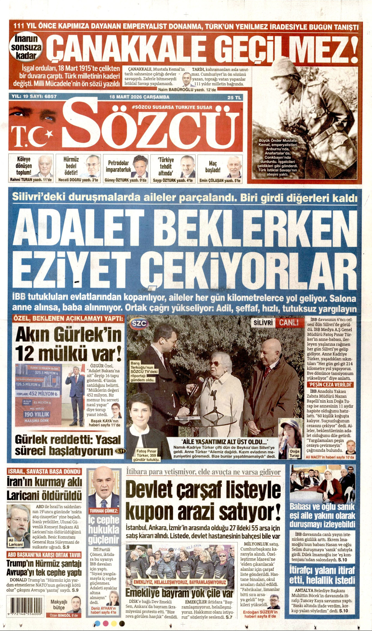 Sözcü Gazetesi Manşeti - 18.03.2026