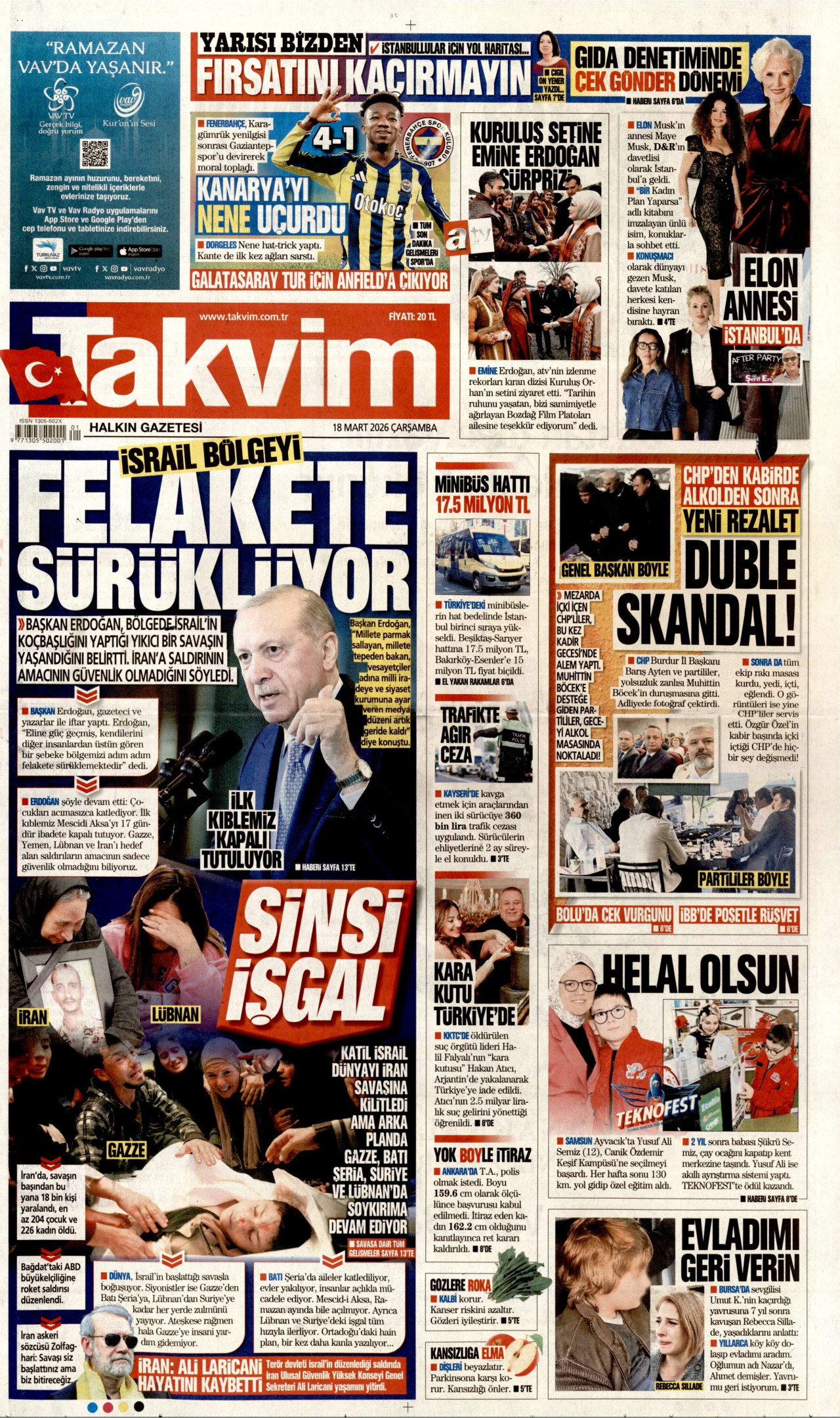 Takvim Gazetesi Manşeti - 18.03.2026
