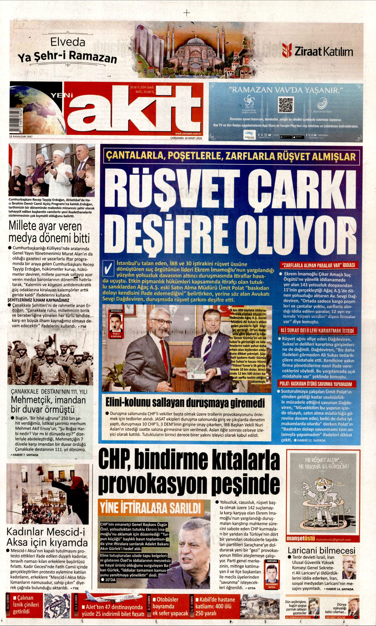 Yeni Akit Gazetesi Manşeti - 18.03.2026