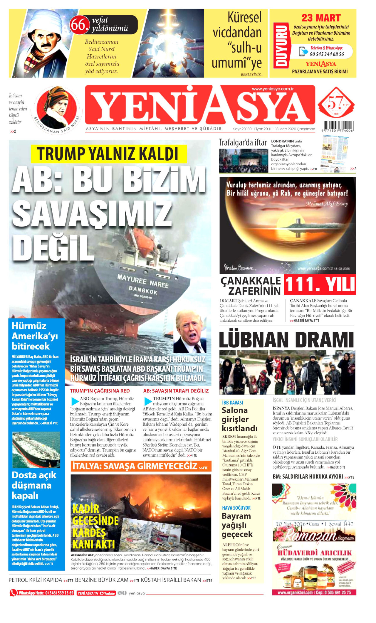 Yeni Asya Gazetesi Manşeti - 18.03.2026