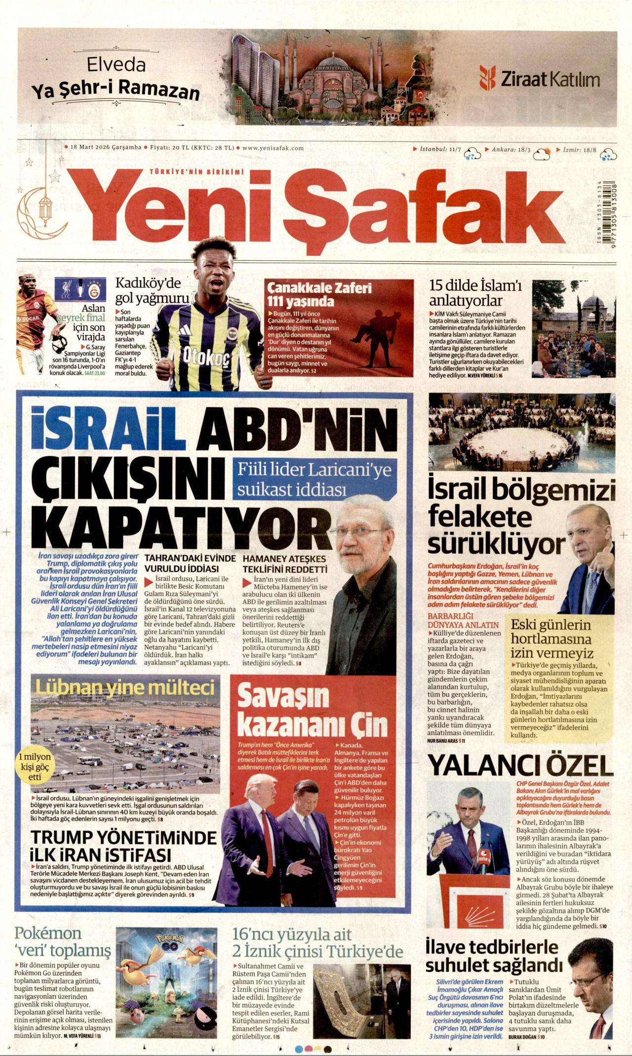 Yeni Şafak Gazetesi Manşeti - 18.03.2026