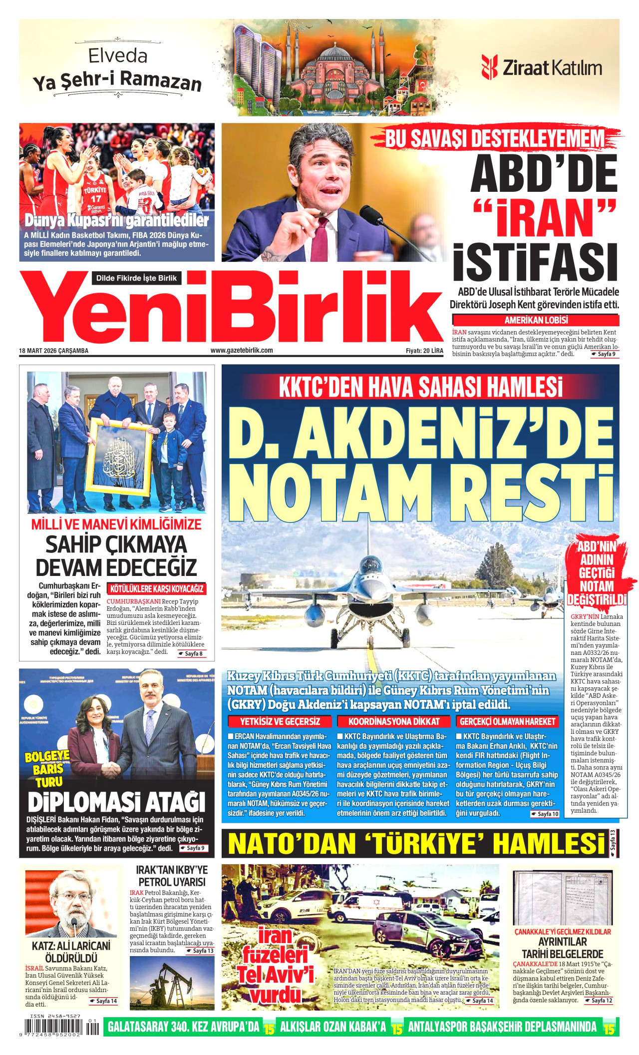 YeniBirlik Gazetesi Manşeti - 18.03.2026