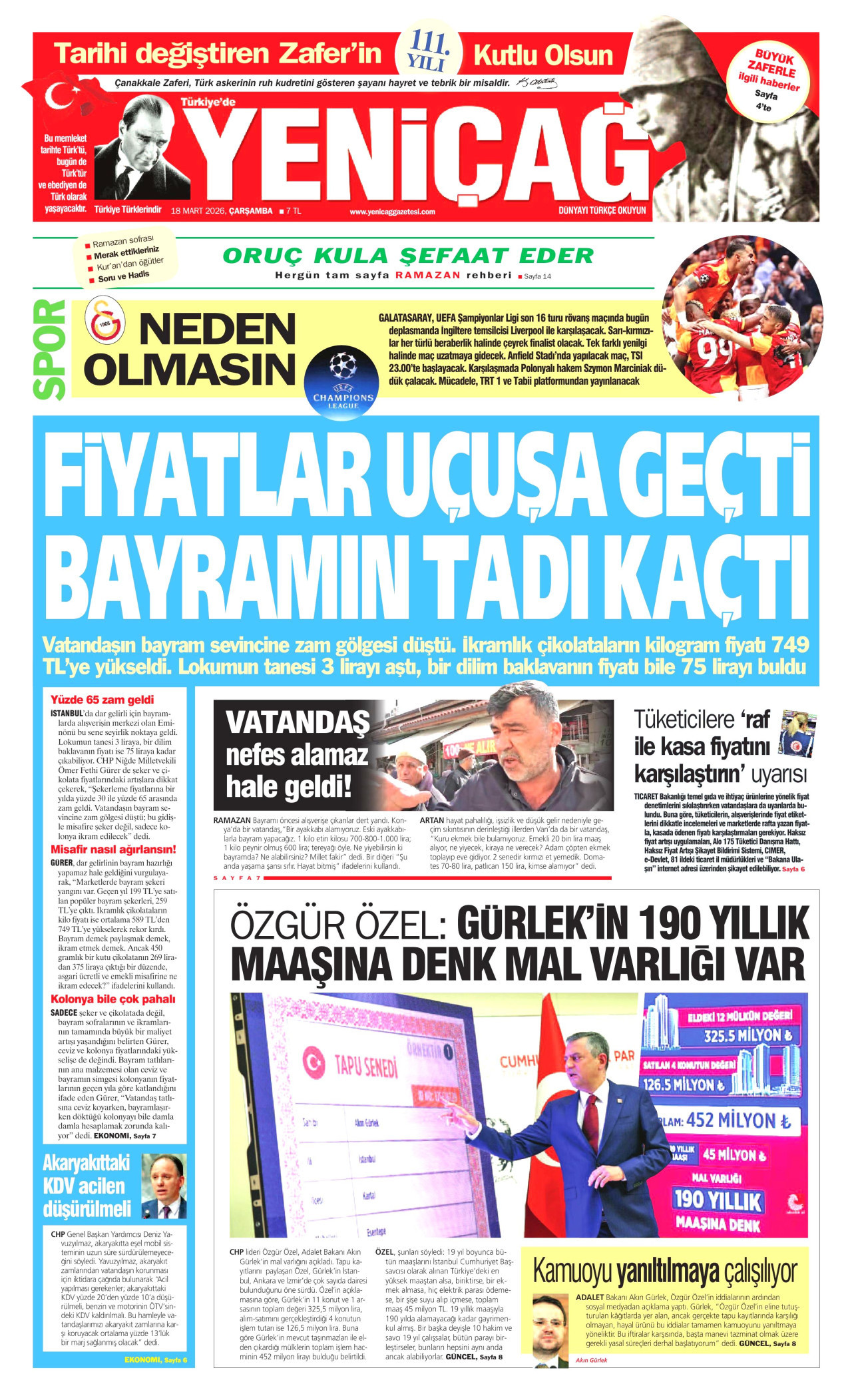 Yeniçağ Gazetesi Manşeti - 18.03.2026