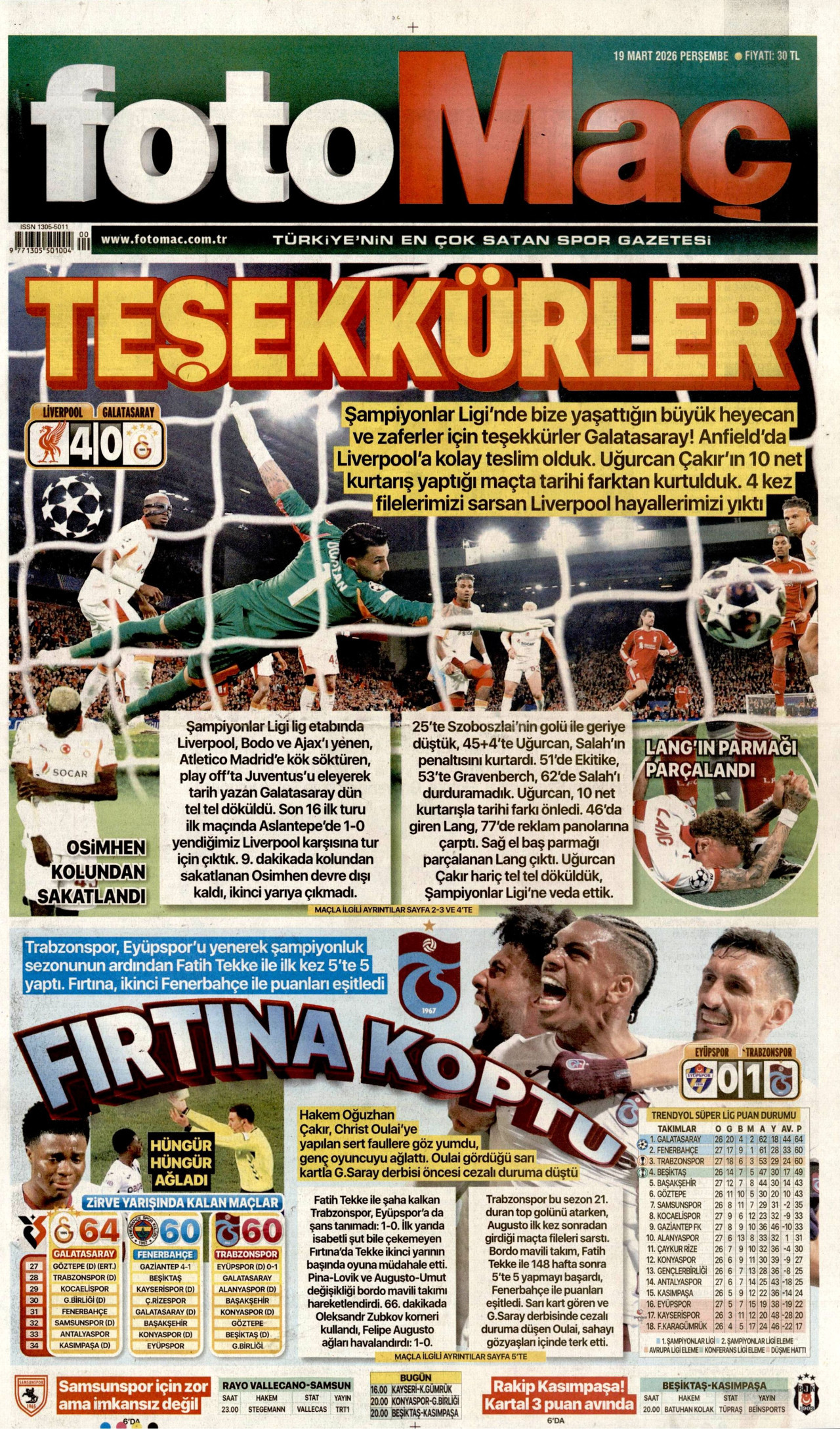 Fotomaç Gazetesi Manşeti - 19.03.2026